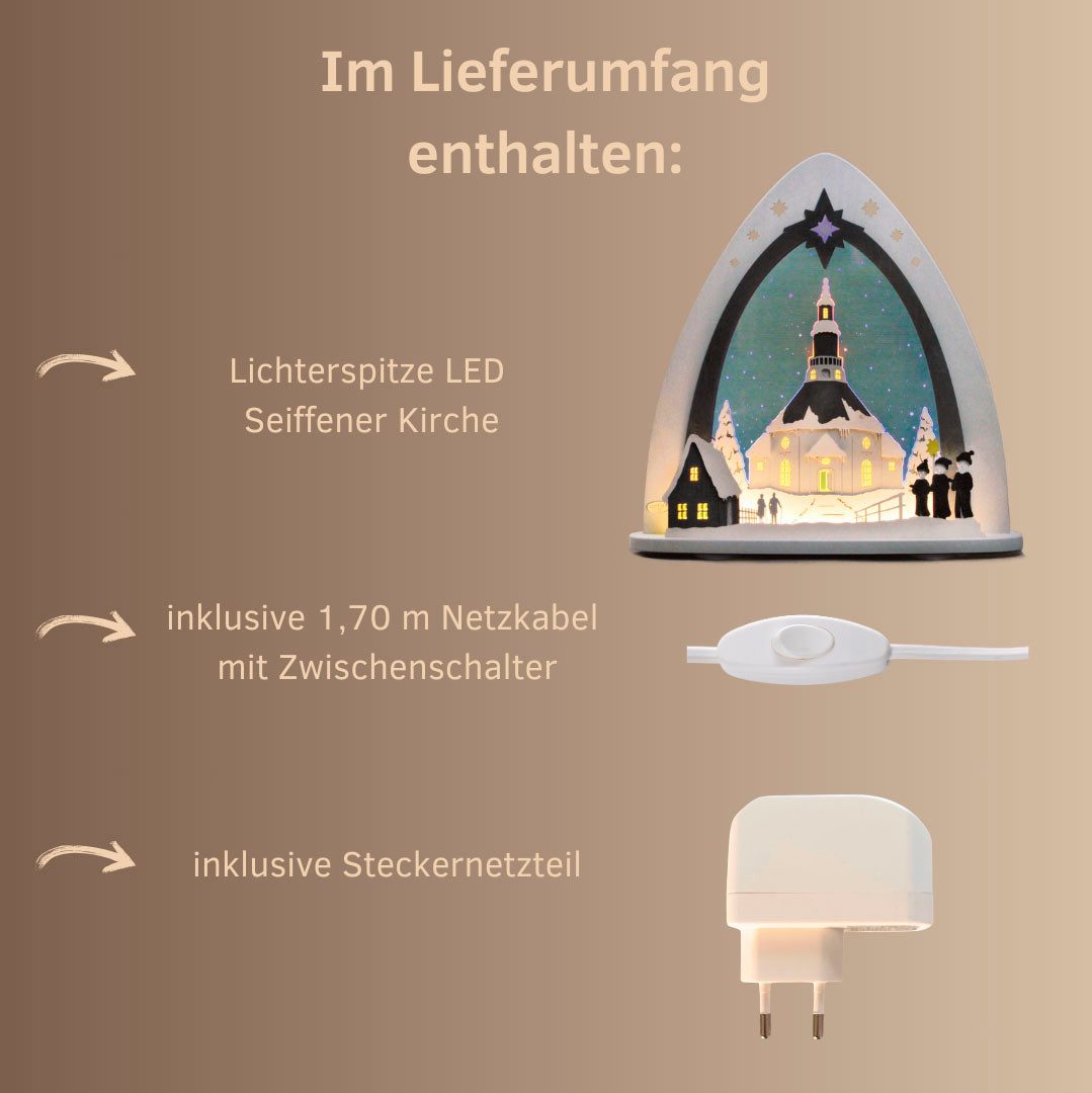 Weigla Lichterbogen LED Seiffener Kirche,Lichterspitze aus Holz&Acrylglas, Made in Germany (1-tlg), Erzgebirge garantiert, Weihnachtsdeko Innen, Weihnachtsbeleuchtung
