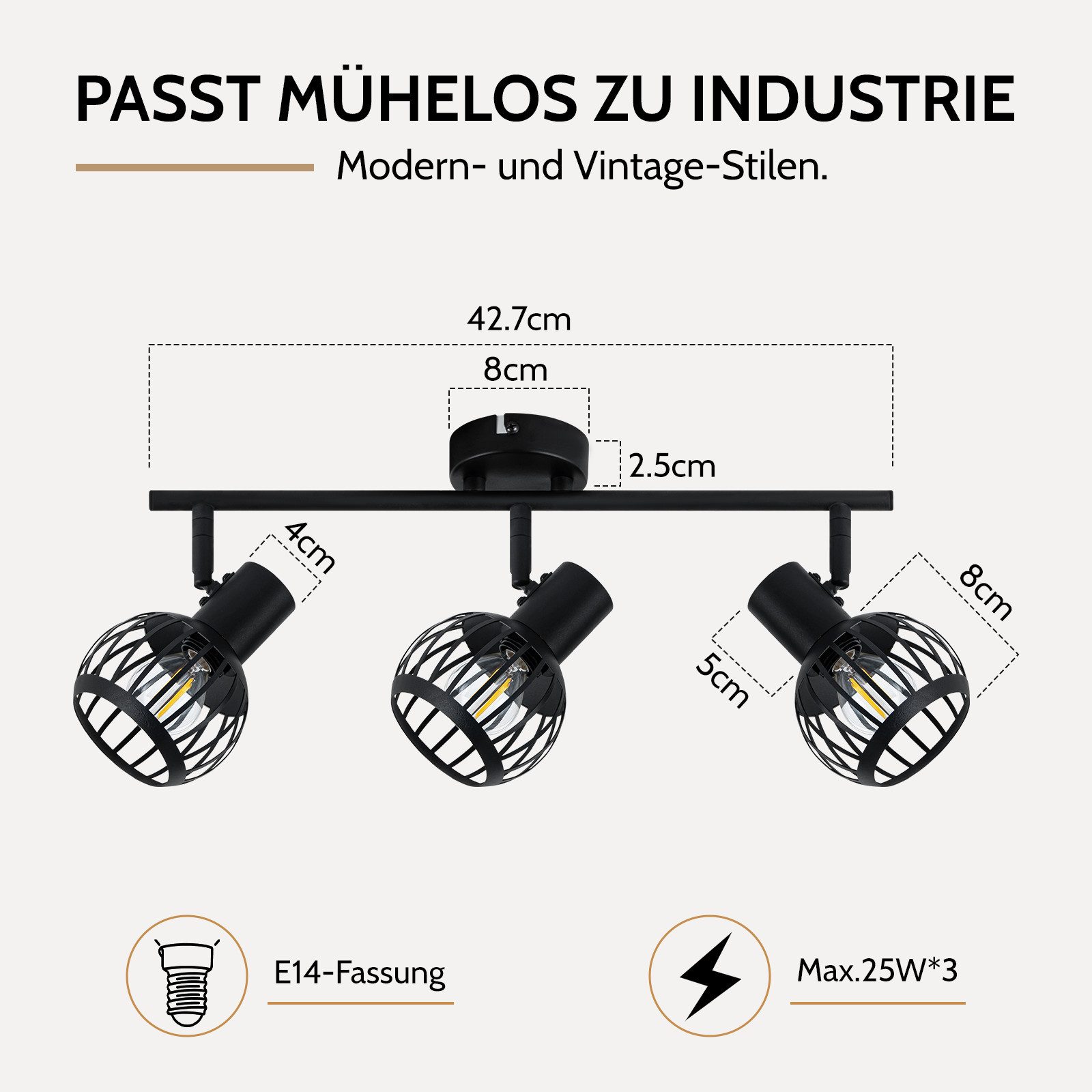 Nettlife Deckenstrahler 1/2/3flammig Schwarz Retro E14 Wandlampe Industrie Deckenspot, ohne Leuchtmittel, Käfiglampe aus Metall Wandspot für Schlafzimmer Flur
