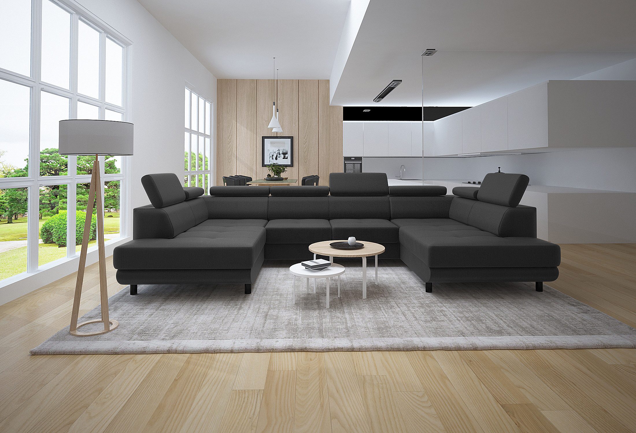 thematys Ecksofa LUNA U mit Schlaffunktion & Bettkasten – aus weichem Velours Stoff, mit verstellbaren Kopfstützen, – U-Form 325×183 cm – Schlafsofa mit Auszug