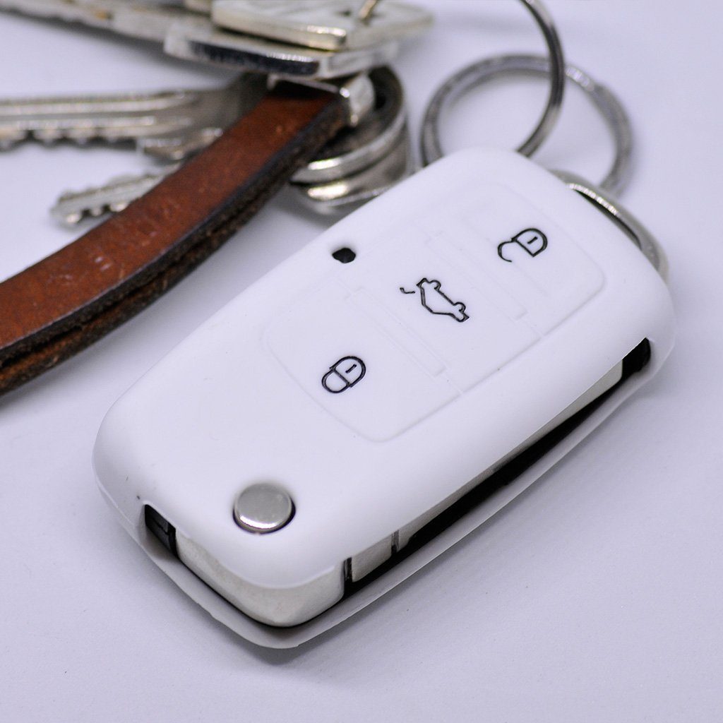 mt-key Schlüsseltasche Autoschlüssel Softcase Silikon Schutzhülle Weiß, für VW Seat Skoda bis 11/2009 3 Tasten Klappschlüssel