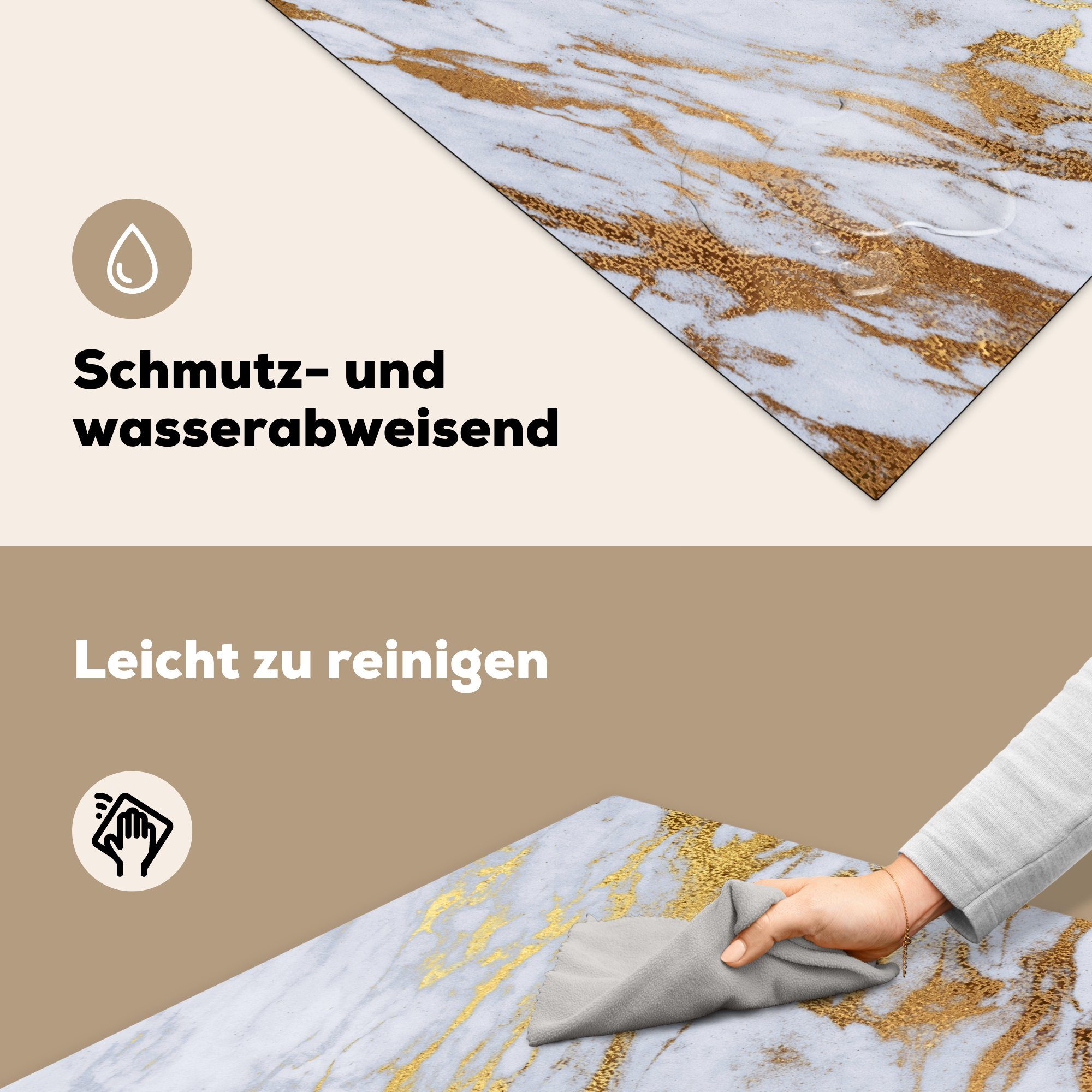 MuchoWow Herdblende-/Abdeckplatte Marmor - Vinyl, Gold Weiß küche Arbeitsplatte Textur, - tlg), für Ceranfeldabdeckung, cm, (1 - 78x78