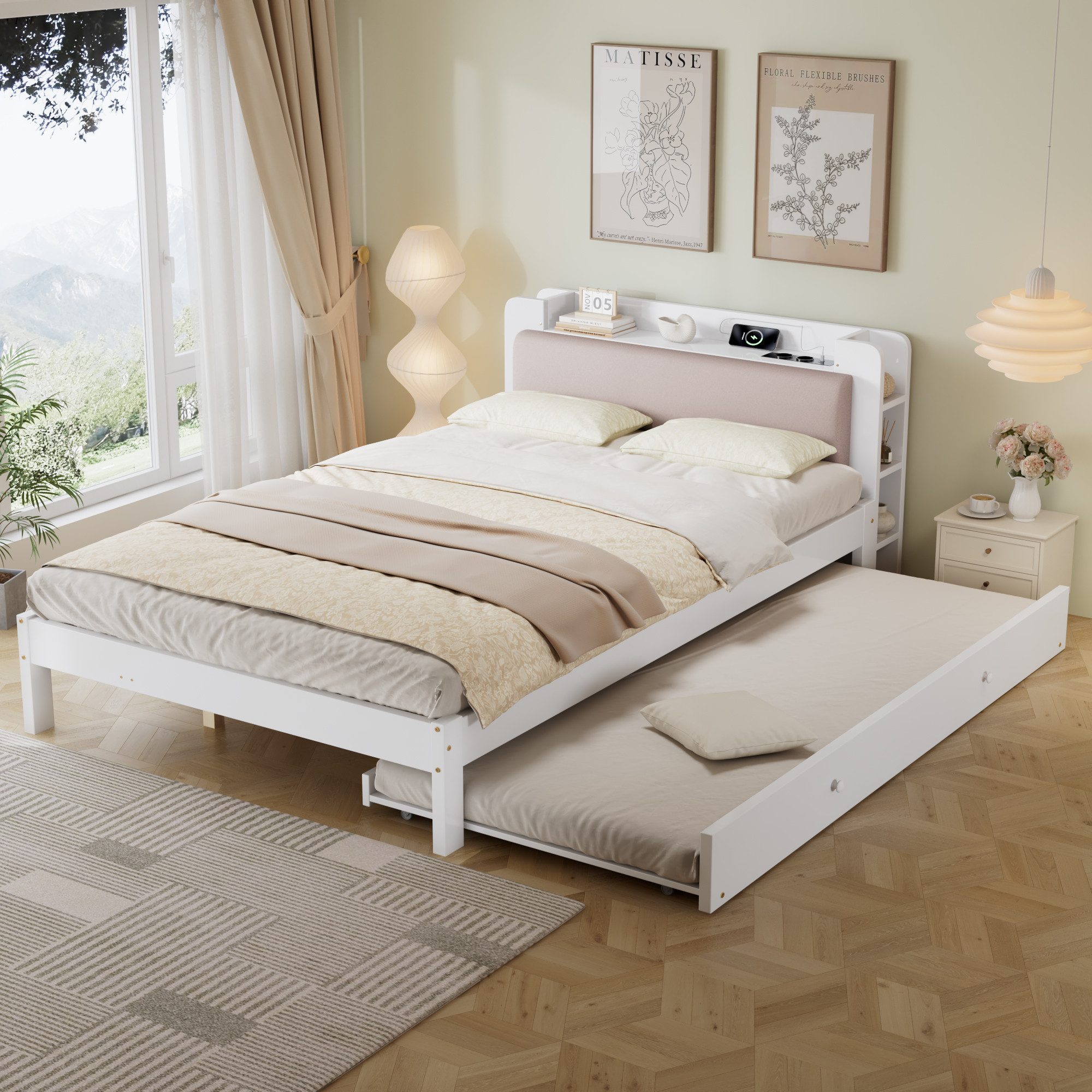 i@home Funktionsbett 120x200 cm Weiß mit Ausziehbett 90x190 cm, Holzbett, gepolstertem Kopfteil, Kopfteilregal, Ladestation und offenem Stauraum