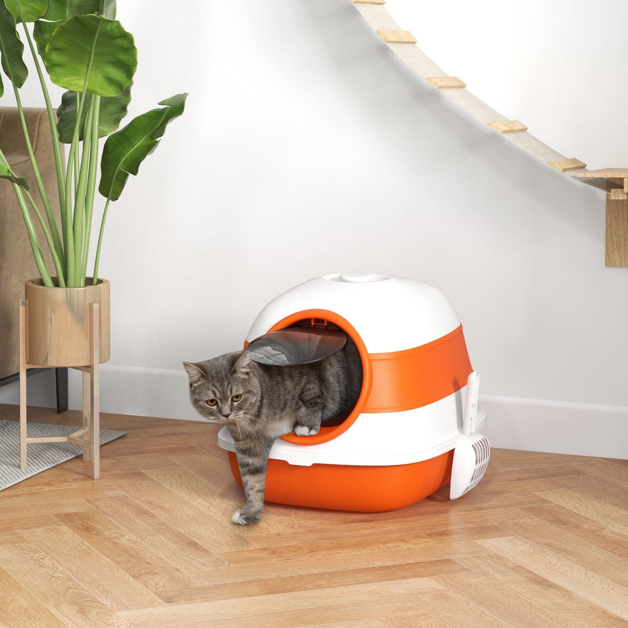 PawHut Katzentoilette Katzenklo mit Deckel und Streuschaufel, für Katzen bis 5 kg, für Wohnzimmer, Weiß+Orange