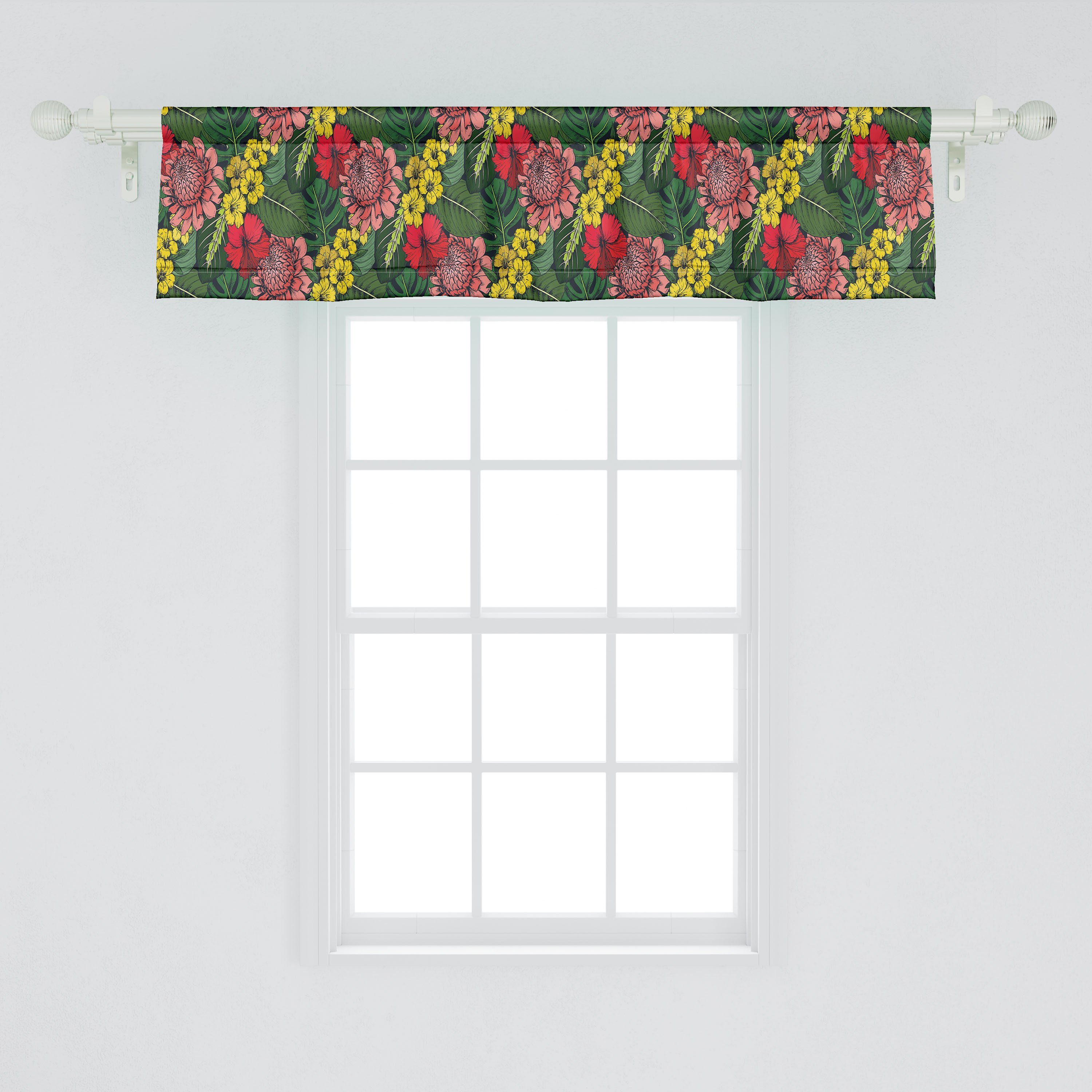 Scheibengardine Vorhang und Blätter mit Microfaser, Tropisch Volant Schlafzimmer Stangentasche, Abakuhaus, für Küche Dekor Dschungel-Blumen