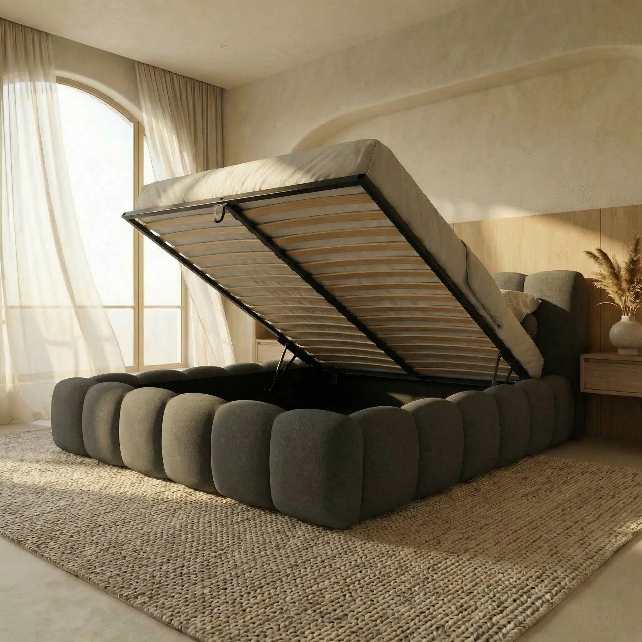 thematys Polsterbett CLOUD mit Bettkasten, 140x200 160x200 180x200 200x200cm (Kopfteil im Modernen-Look – weich, modern und pflegeleicht), hochwertiger Bouclé-Stoff in Ash, Weiß, und Kreme, Inklusive Lattenrost: Holzrahmen,hochwertiger Stoff), hydraulische Klappfunktion für Stauraum