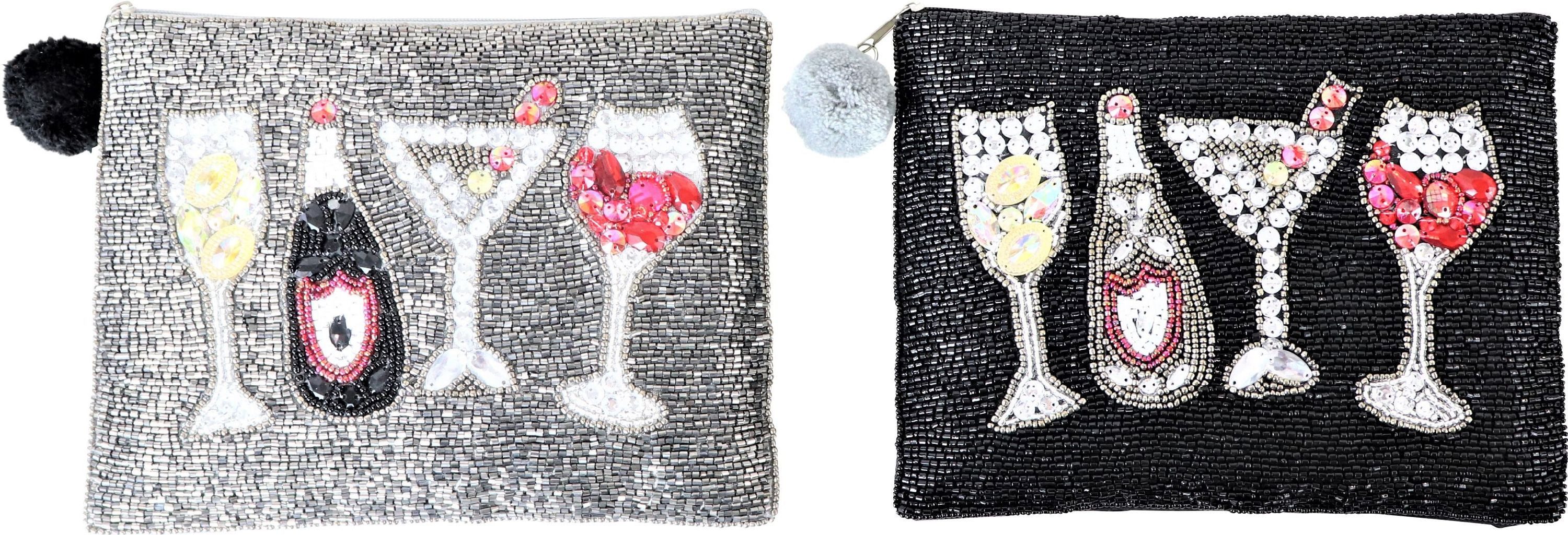 FURNARO Kulturbeutel (2-tlg. Set), Perlentaschen aus Baumwolle, mit Perlen und Pompon-Zipper 21x15cm