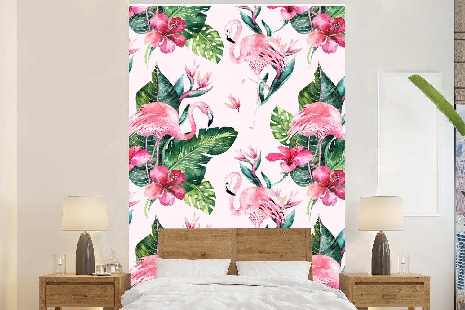 MuchoWow Fototapete Muster - Flamingo - Rosa, Matt, bedruckt, (3 St), Montagefertig Vinyl Tapete für Wohnzimmer, Wandtapete
