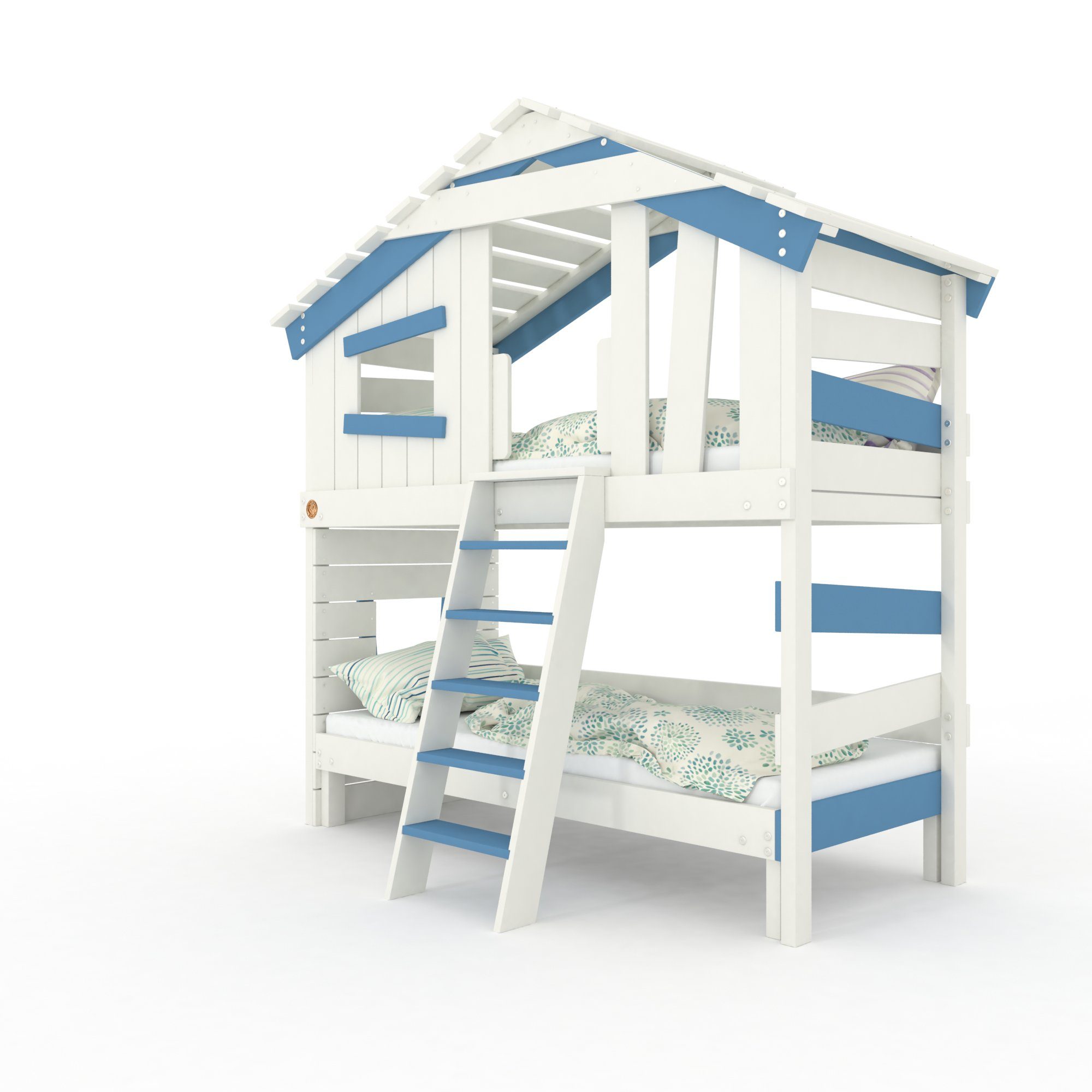 bibex Hochbett ALPIN CHALET Hochbett + Unterbett, Doppelbett, Etagenbett - Blau/Weiss