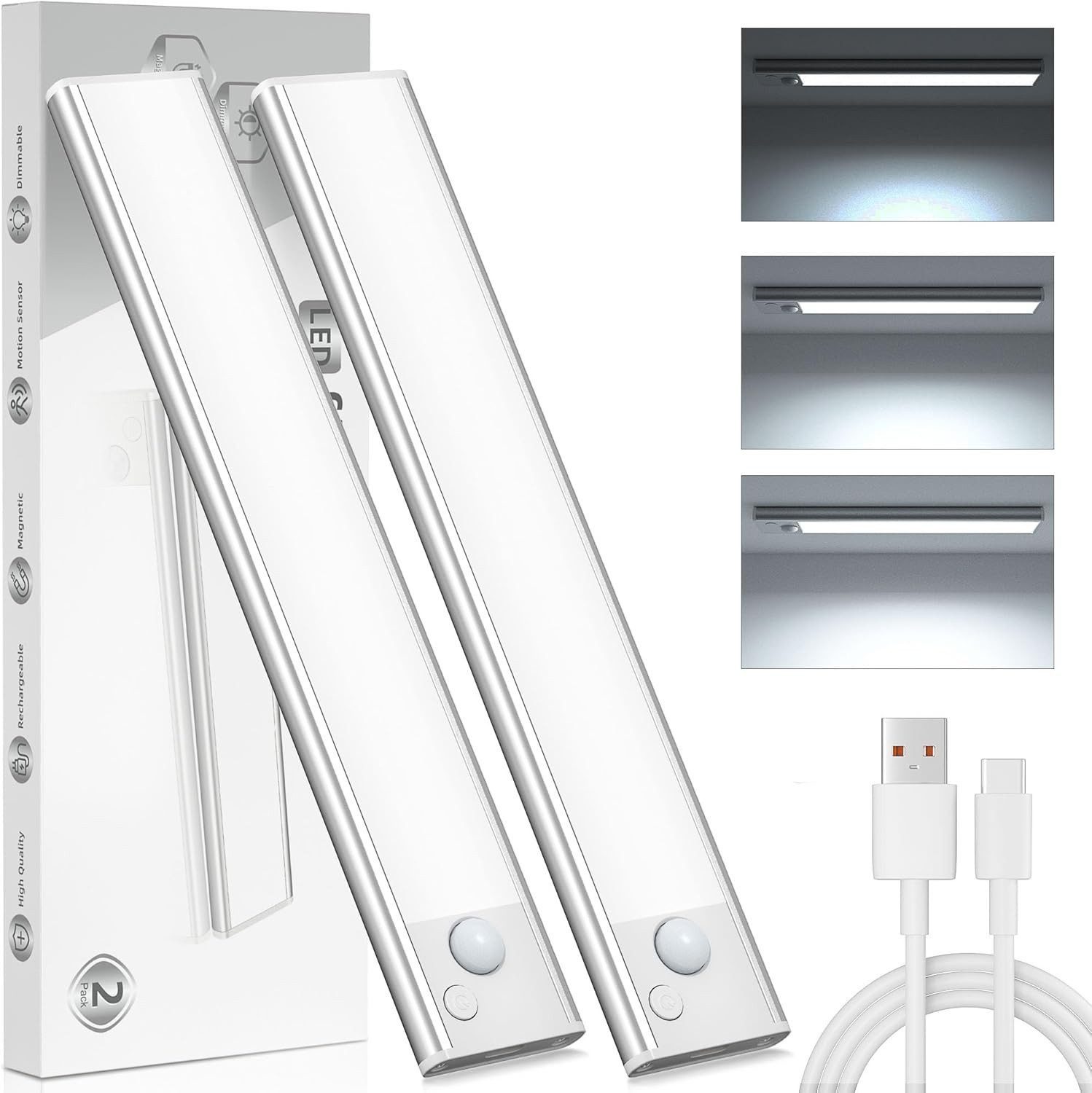 Athlix LED Unterbauleuchte LED Unterbauleuchte LED Unterbauleuchte kabellos, wiederaufladbar, LED fest integriert, USB wiederaufladbar, 3 Farbtemperaturen, Nachterkennung