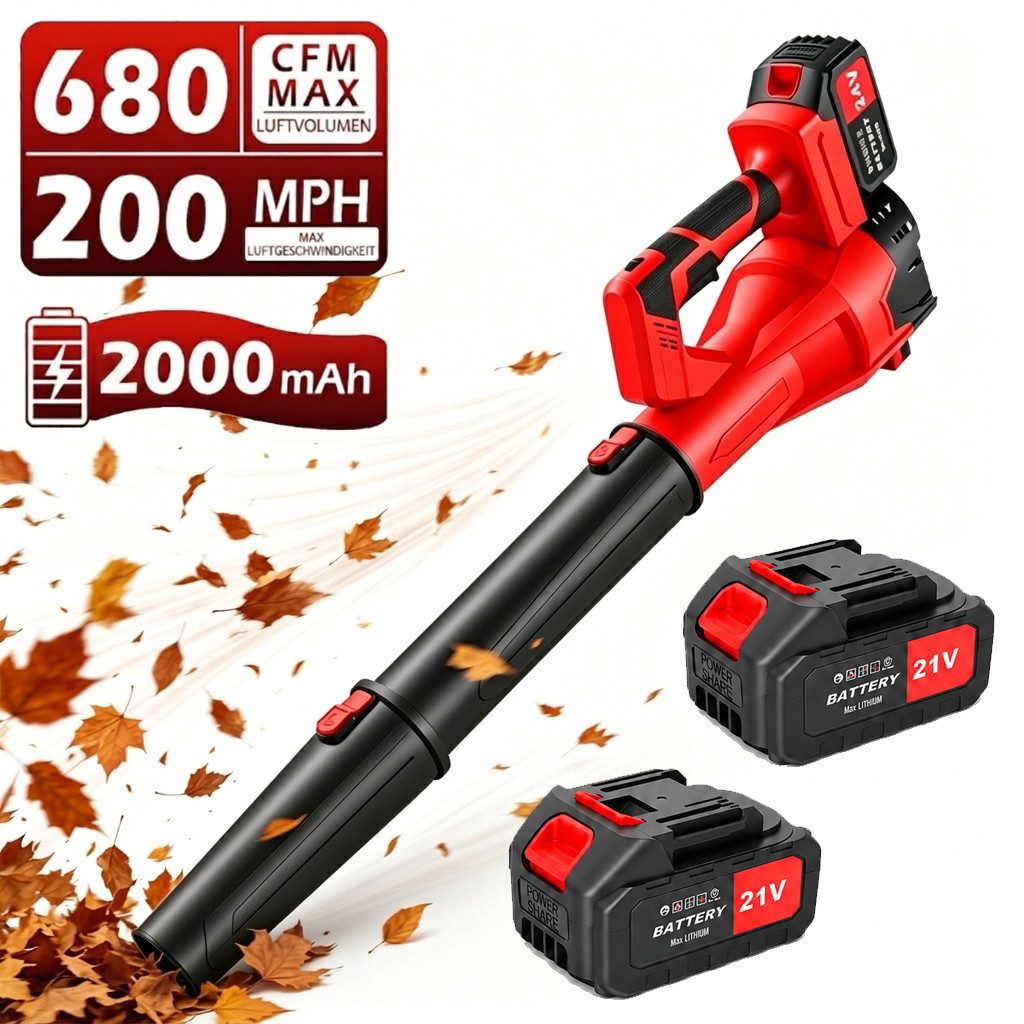 Blossom Akku-Laubbläser akku-gebläse Laubbläser kabellos Elektrischer mit 2x 21V 2.0Ah akkus, Elektrischer Laubgebläse 322 km/h Luftgeschwindigkeit, 24000 U/min