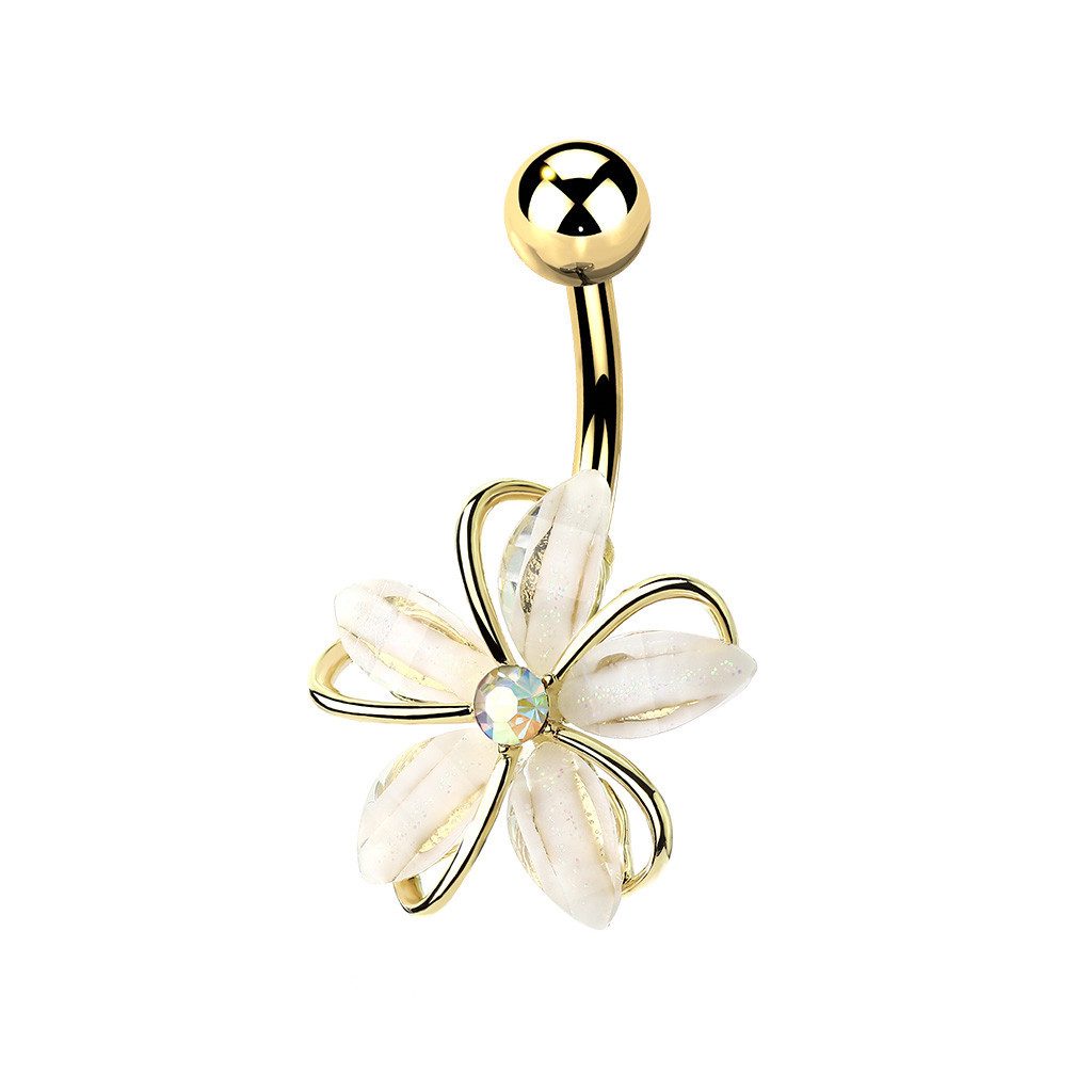 Taffstyle Bauchnabelpiercing Banane Piercing Stecker mit Zirkonia Kristall Blume weiße Blüten, Edles Blumen Bauchnabel Piercing Schmuck Stecker - Geschenkidee