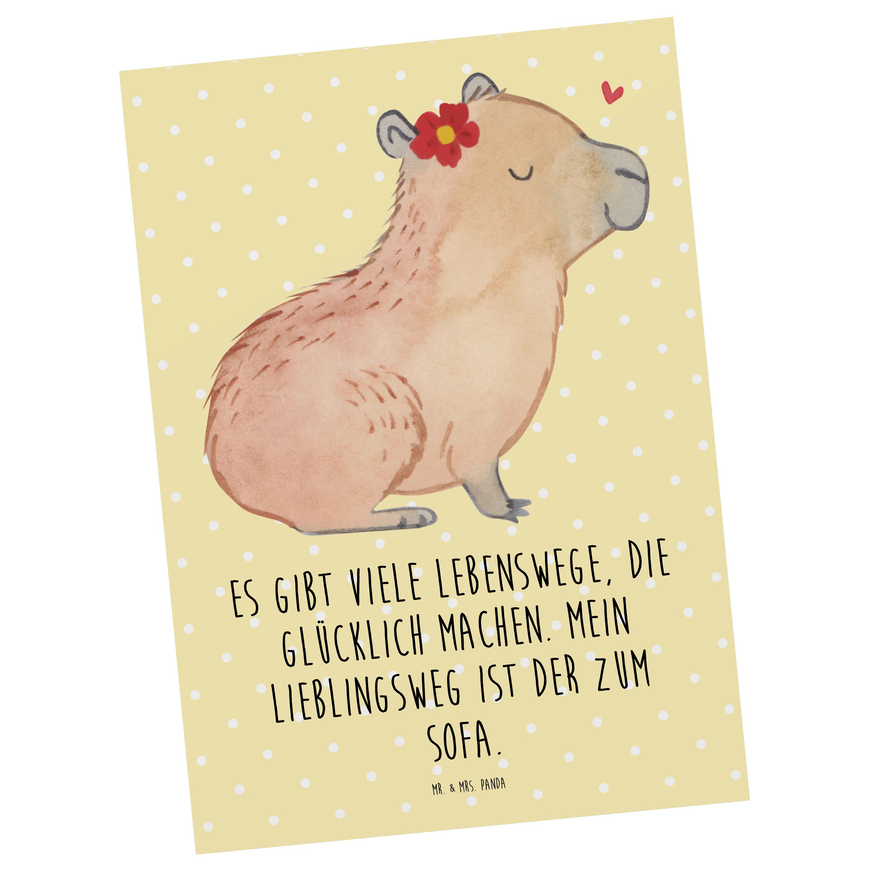 Mr. & Mrs. Panda Postkarte Capybara Blume - Gelb Pastell - Geschenk, Tiermotive, Gute Laune, lus