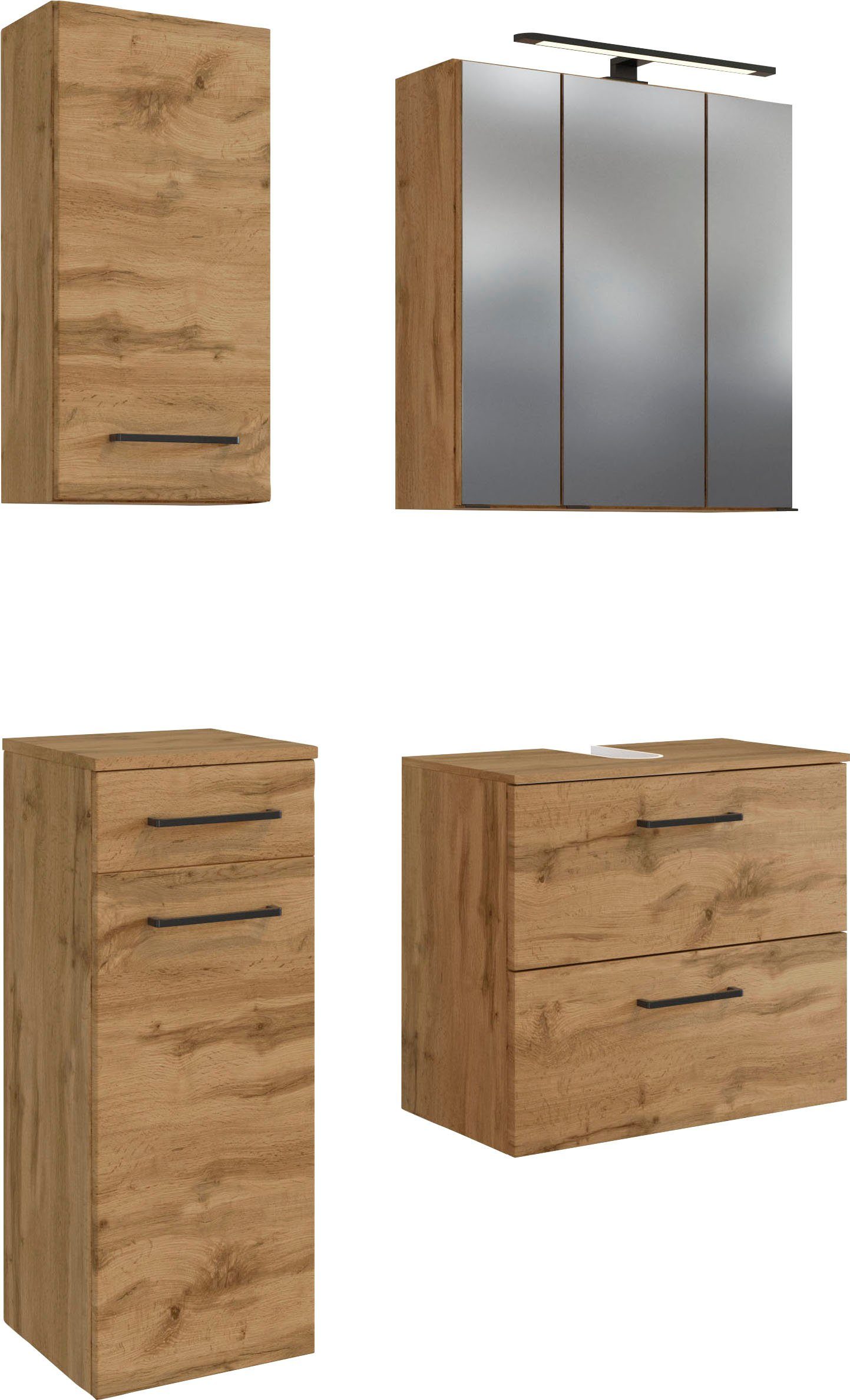welltime Badmöbel-Set Chicago, (4-St., Spiegelschrank, Unterbeckenschrank, Hängeschrank, Unterschrank)