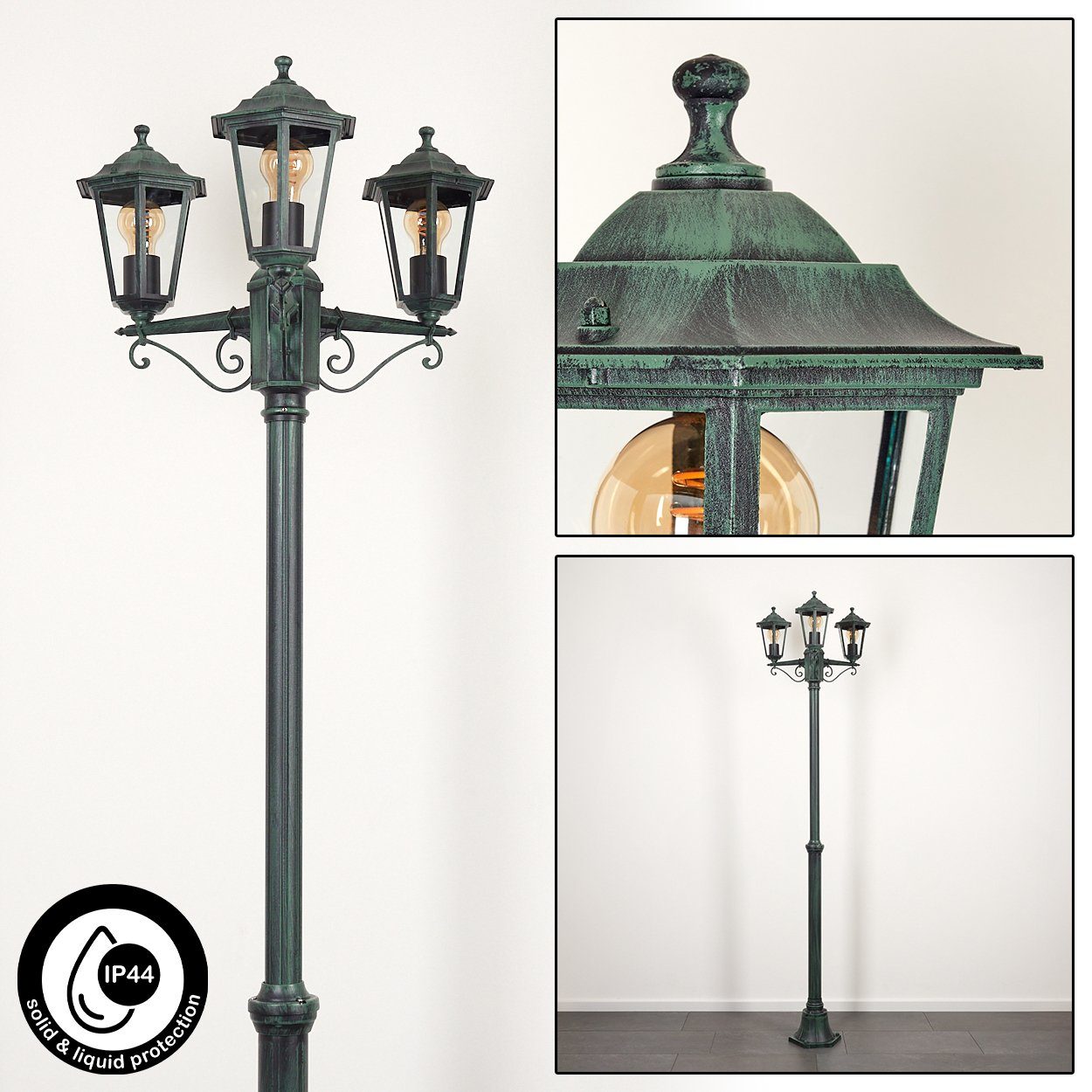 hofstein Außen-Stehlampe Wegeleuchte aus Metall/Glas in Schwarz-Grün/Klar, ohne Leuchtmittel, Kandelaber, Gartenbeleuchtung IP44, 3xE27, ohne Leuchtmittel