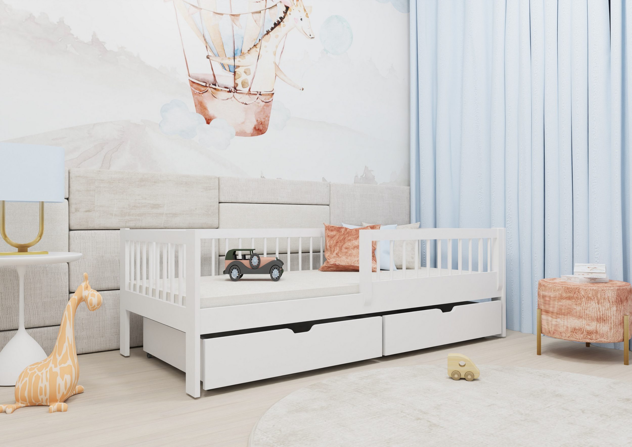 Kinderbett mit Rausfallschutz und zwei Schubladen und Rolllattenrost