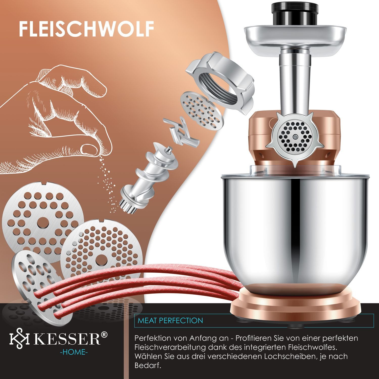 KESSER Küchenmaschine, Universal Küchenmaschine K-KM 3000 mit Fleischwolf Knetmaschine 5,5L