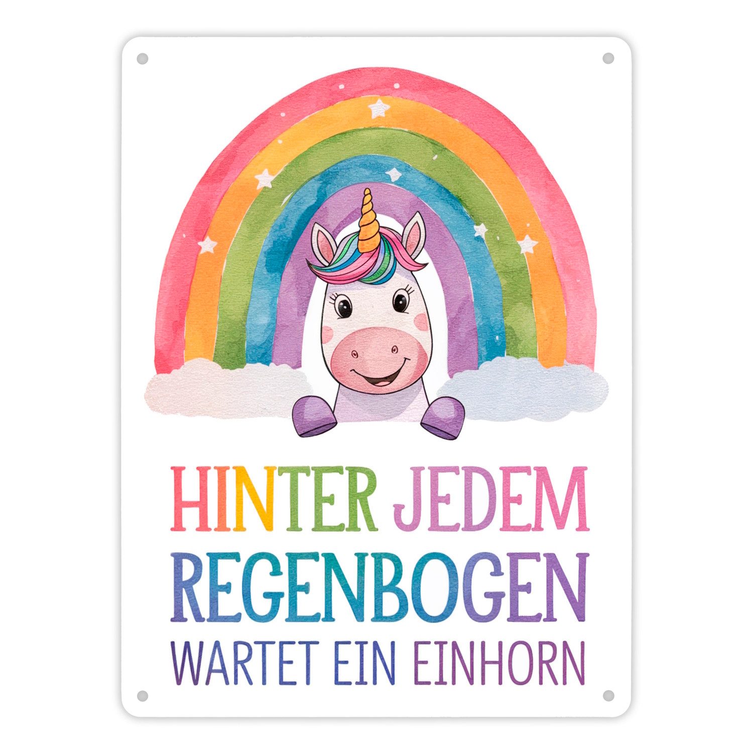 speecheese Metallschild Lächelndes Einhorn Metallschild XL in 21x28 cm Hinter jedem Regenbogen