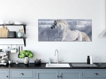 Pixxprint Glasbild Weißes Pferd auf Schneewiese, Weißes Pferd auf Schneewiese (1 St), Glasbild aus Echtglas, inkl. Aufhängungen und Abstandshalter