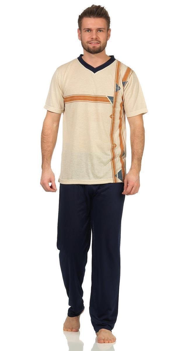 EloModa Pyjama Herren Sommer Pyjama Lange Schlafhose V- T-shirt; M L XL 2XL (2 tlg) Beige