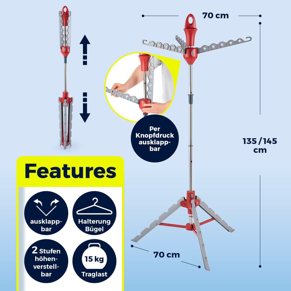 EASYmaxx Wäscheständer Vario für Hemden, Zusammenklappbare Wäschespinne für Bügel, Höhenverstellbar, Kleiderständer mit Kleiderhaken für Bügelwäsche – Bild 5 von 5
