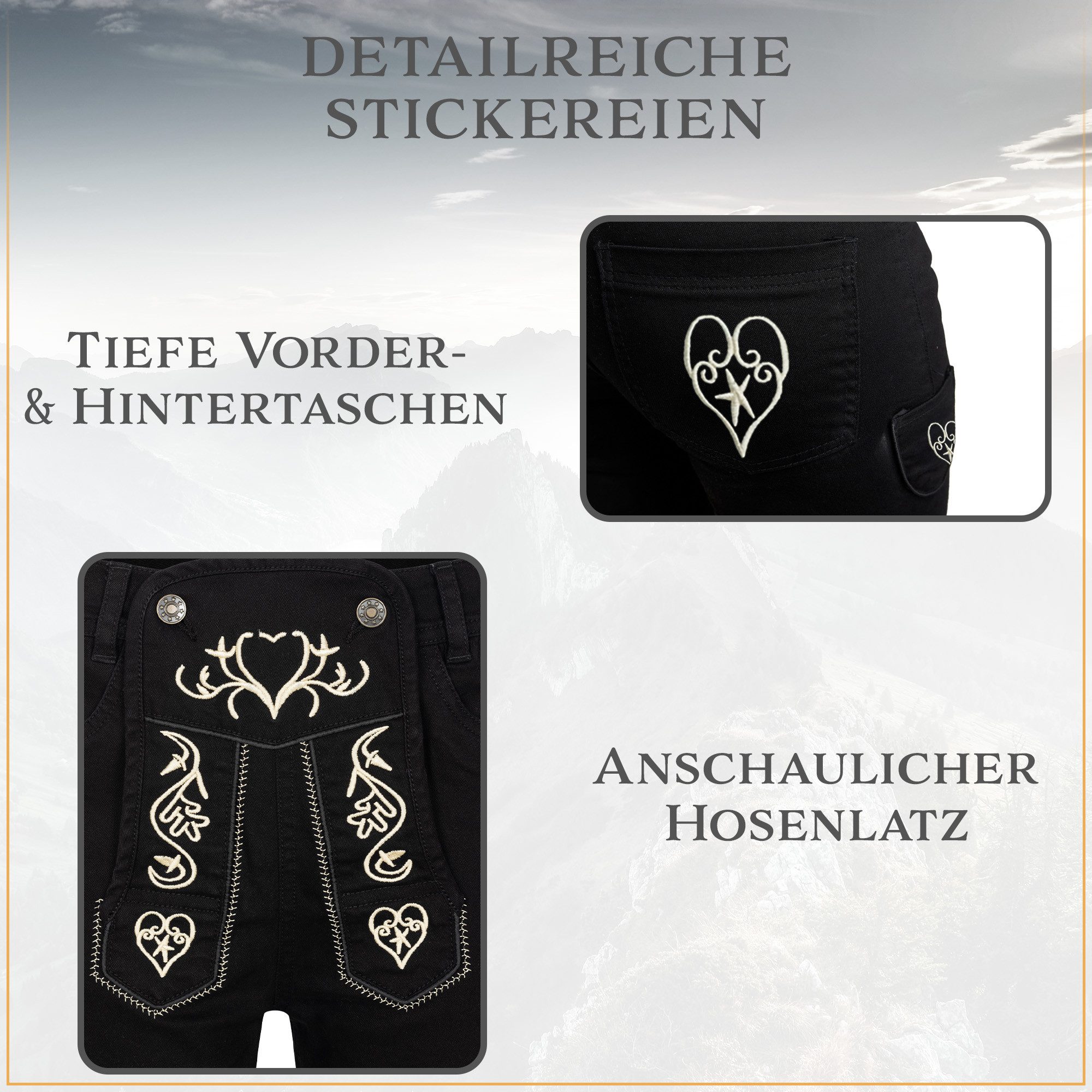 Steigenhöfer Manufaktur Trachtenjeans im Lederhosen Look - Damen Shorts - Stretch für Komfort - Capri Jeans Traditionelles Design - Ideal für Oktoberfest usw. - – Bild 4 von 5