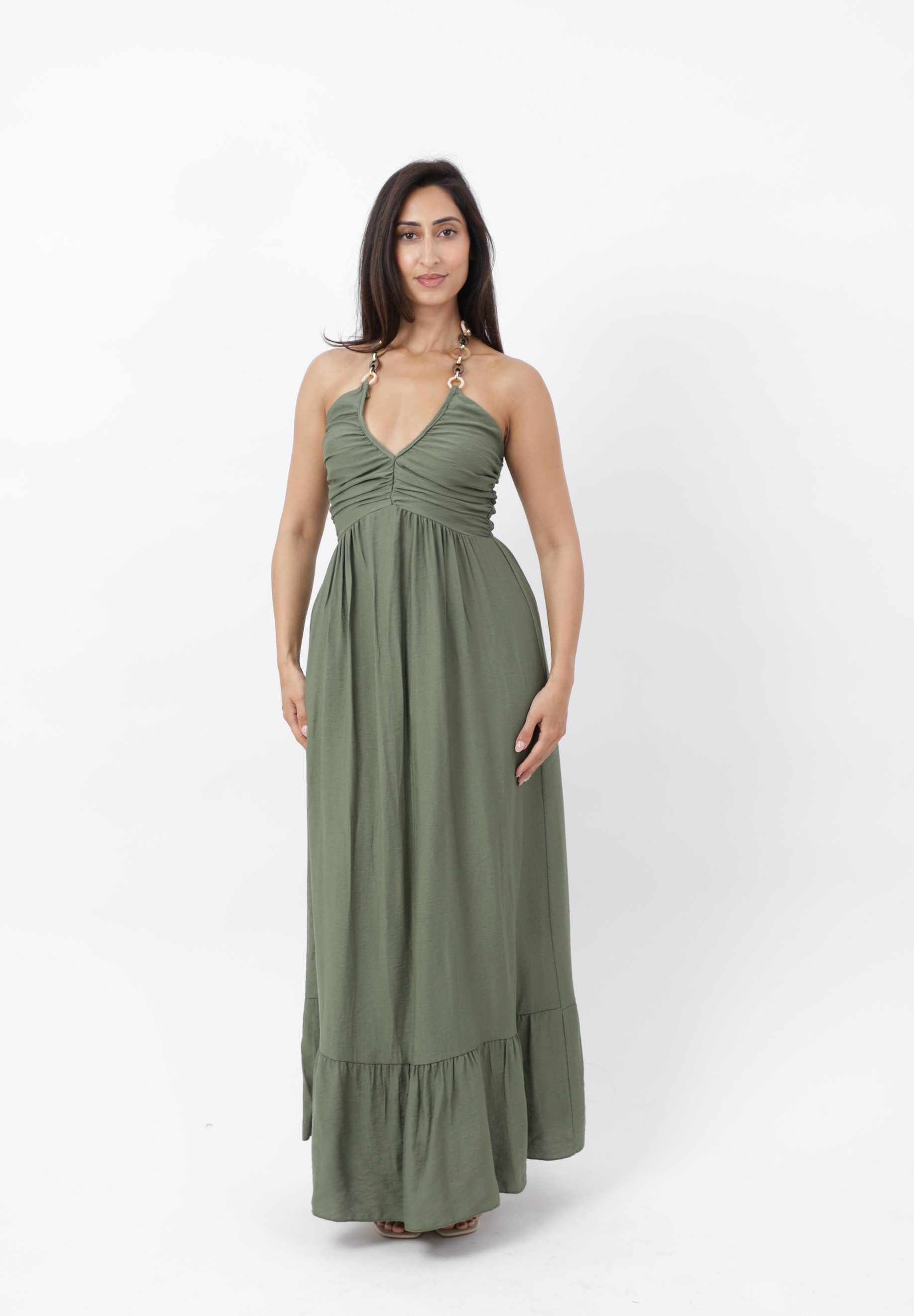 Elara Maxikleid Damen Maxikleid mit Neckholder, Schmuckringen und gerafftem Oberteil (1-tlg)