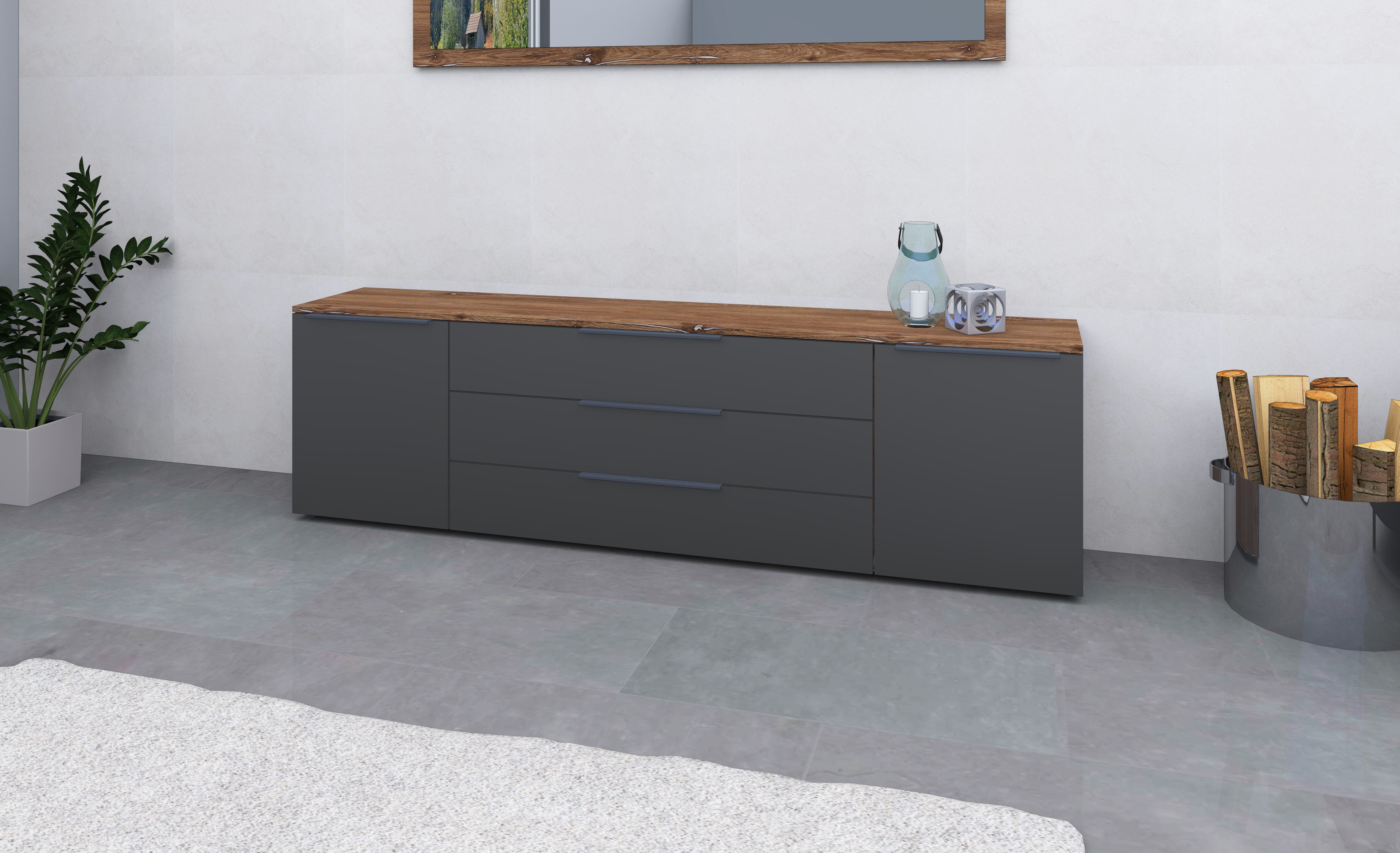 borchardt Möbel Sideboard Tom, Kommode Breite 200cm, hängend oder stehend mit Metallgriffen, 2 Türen 3 Schubkästen, verstellbare Einlegeböden