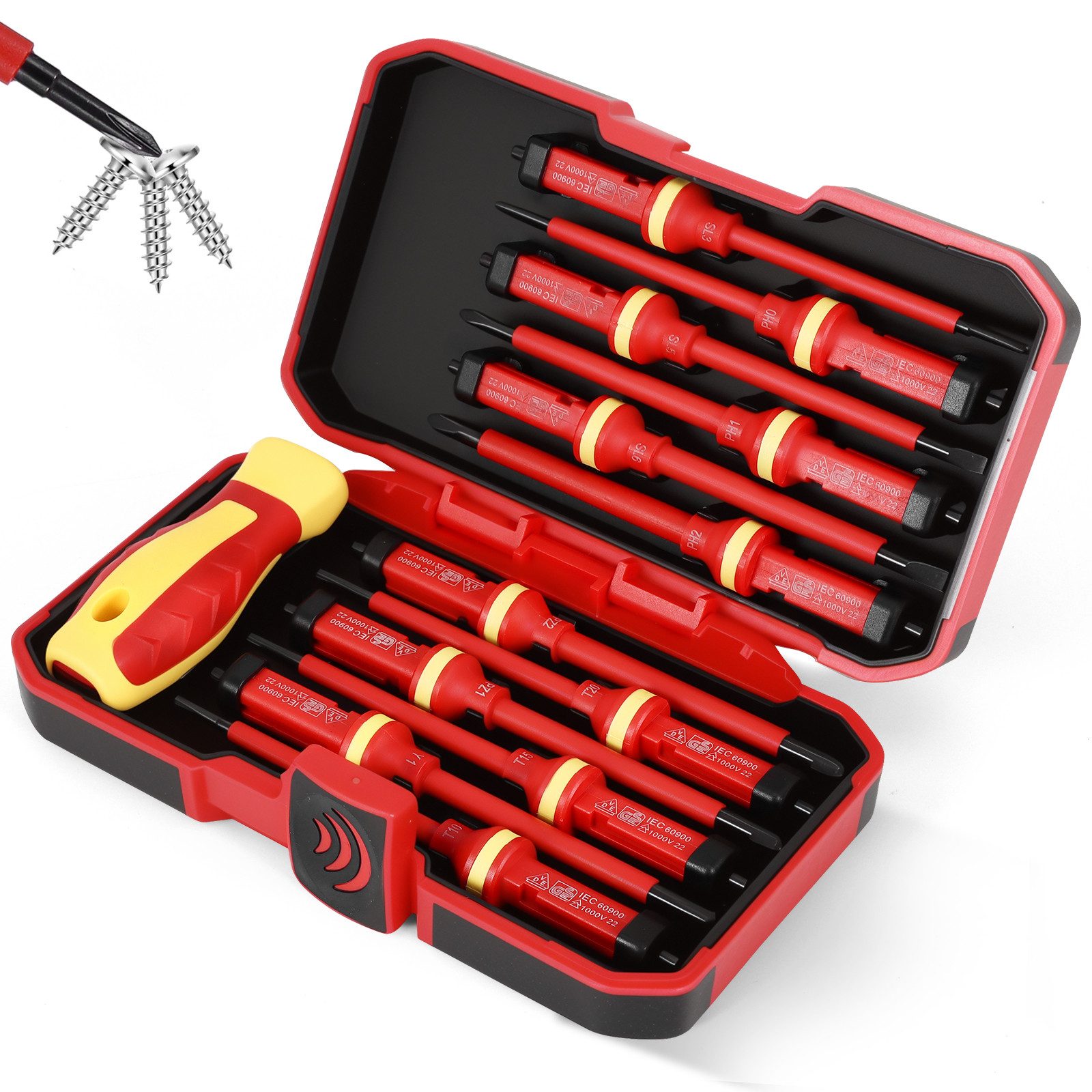 BlingBin Schraubendreher 13 Stücke VDE Isolierte Schraubendreher Set, (1er Set, 13 St., 12pcs Schraubendreherköpfen + 1 x Schutzhülle), für Spannungen bis 1000V, Schraubendreher Köpfen, Flachen Kreuzschlitz