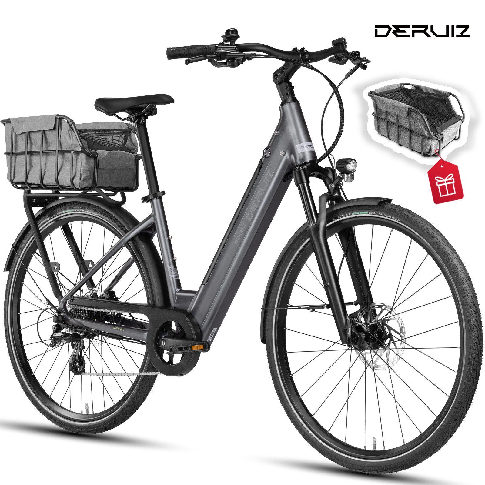 DERUIZ E-Bike Cityrad 28 Zoll Quartz /Quartz SUV 644 Wh, 161 km, Drehmomentsensor, 8 Gang Shimano Shimano Altus RD-M310, 8-Gang Schaltwerk, Kettenschaltung, Heckmotor, 644 Wh, (Federgabel mit Lockout, Drehmomentsensor, Farb-LCD-Display), 60-mm-Federweg, mit mechanischem Lockout, Drehmomentsensor
