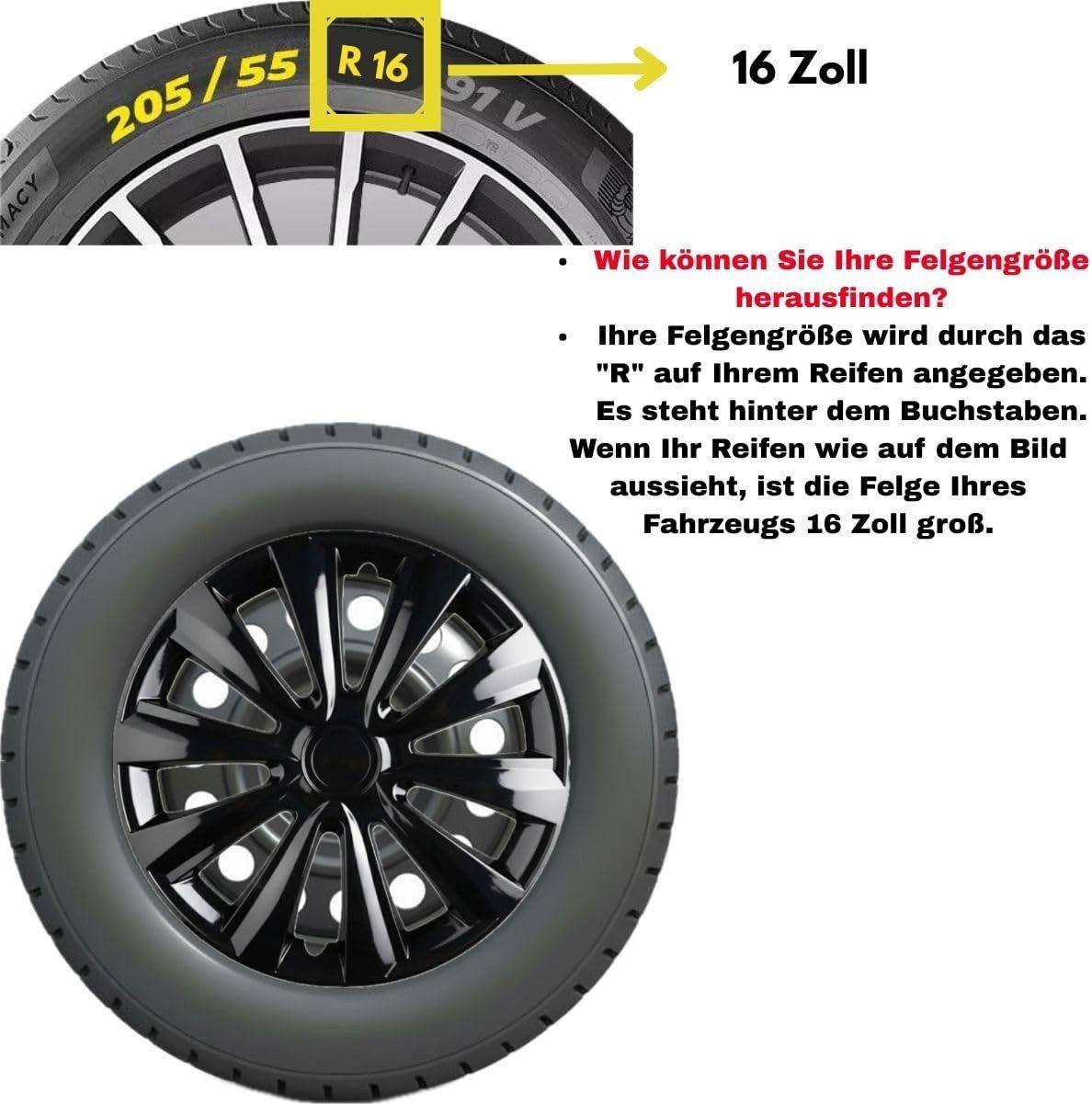 Trimak Radkappen 13-14-15-16 Zoll 4er Set Radzierblenden Silber Schwarz Schlagfest, Schwarz / 16-Zoll-Radkappen, ABS Kunststoff, Schlagfest, Hochwertig