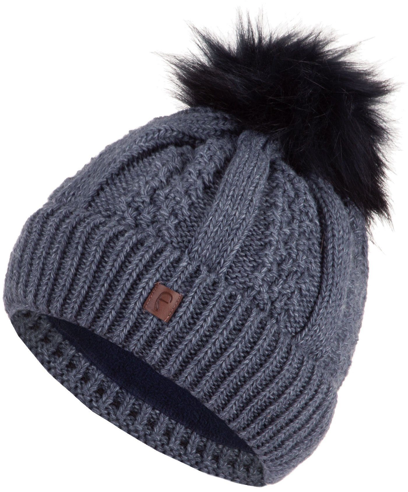 Faera Bommelmütze Wintermütze warm gefüttert Kunstfell Bommel-Mütze  Strickmuster Fleece-Futter Winter Strick-Mütze Beanie-Mütze Damen Herren  One-Size