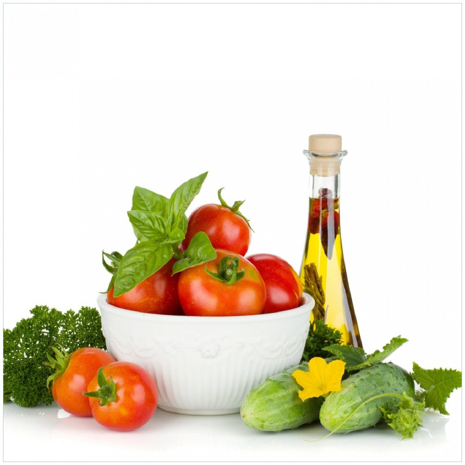 - Gurke, Tomaten, Frische Salatzutaten Petersilie Wallario mit Kräuter-Öl Memoboard
