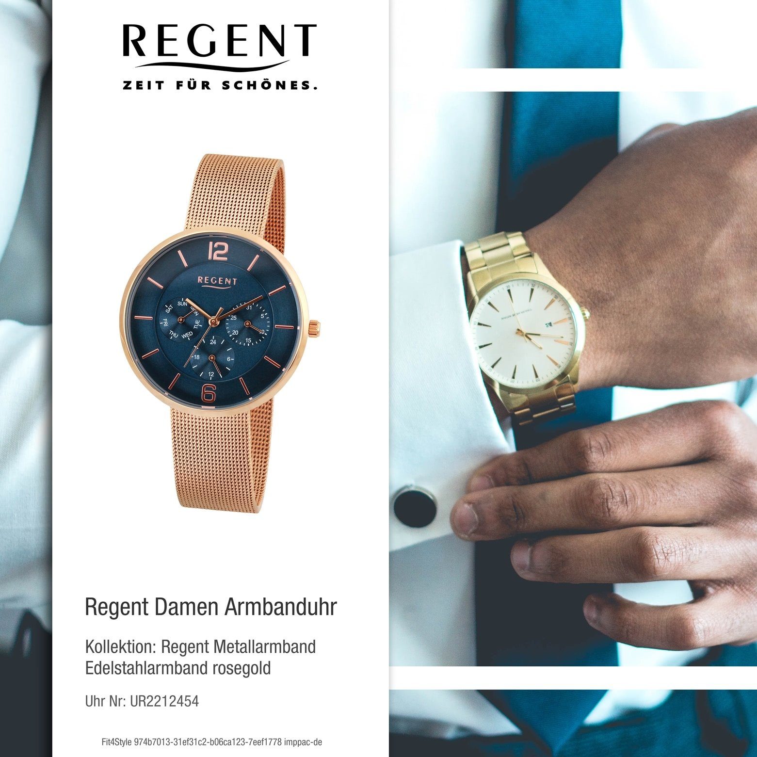 Damen Uhren Regent Quarzuhr UR2212454 Regent Damen-Armbanduhr rosegold Analog, Damen Armbanduhr rund, mittel (ca. 38mm), Edelsta