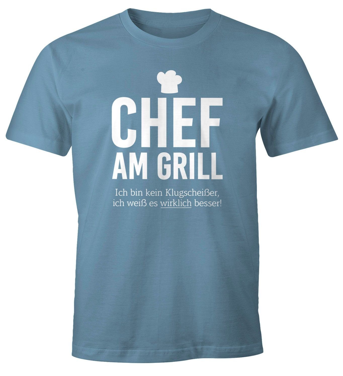 MoonWorks Print-Shirt Herren T-Shirt Chef am Grill Ich bin kein Klugscheißer, ich weiß es wirklich besser Fun-Shirt Spruch-Shirt Barbecue BBQ Tee Grillen Moonworks® mit Print blau