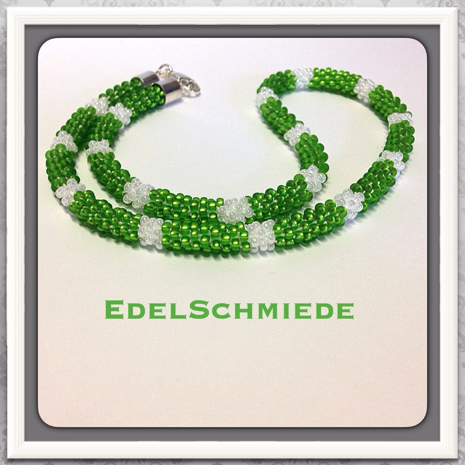 Kette ohne Anhänger Häkelkette, Grün Weiß, mit 925/- Verschluß 46cm
