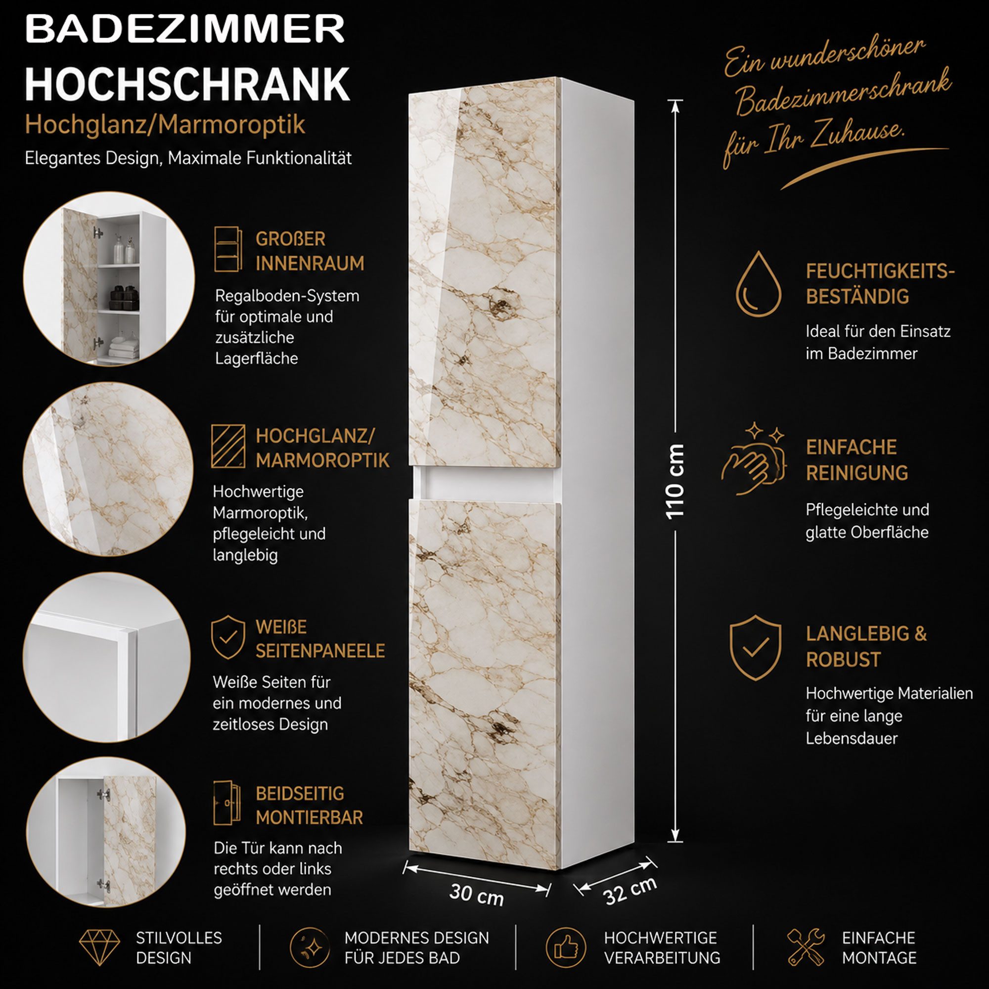 Homeline Hängeschrank Hängeschrank hochschrank Weiß / Beige Badezimmerschrank Wandschrank (Bad Möbel, Badezimmer, Hängeschrank) Marmoroptik