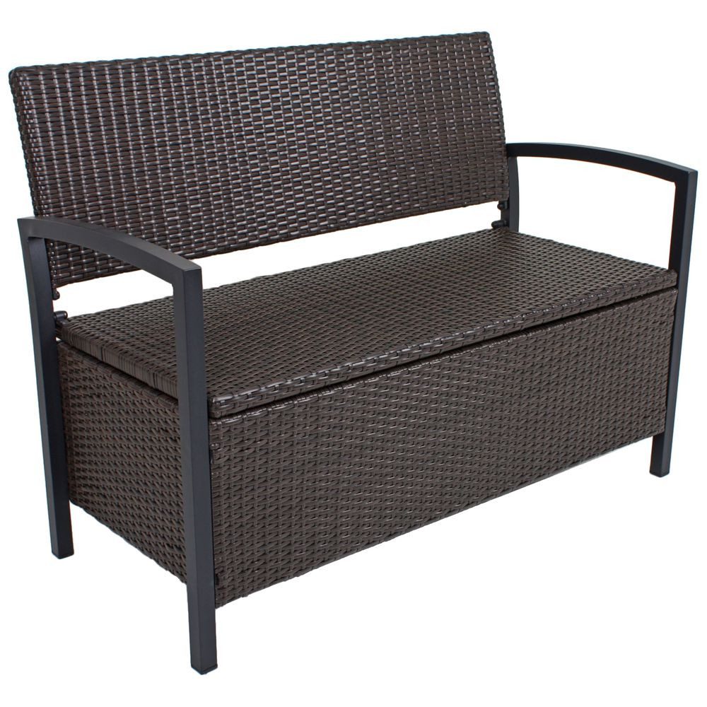 Lomadox Gartenbank HGA-120, Bank mit Truhe, Polyrattan, braun, ca. 117x86x58 cm