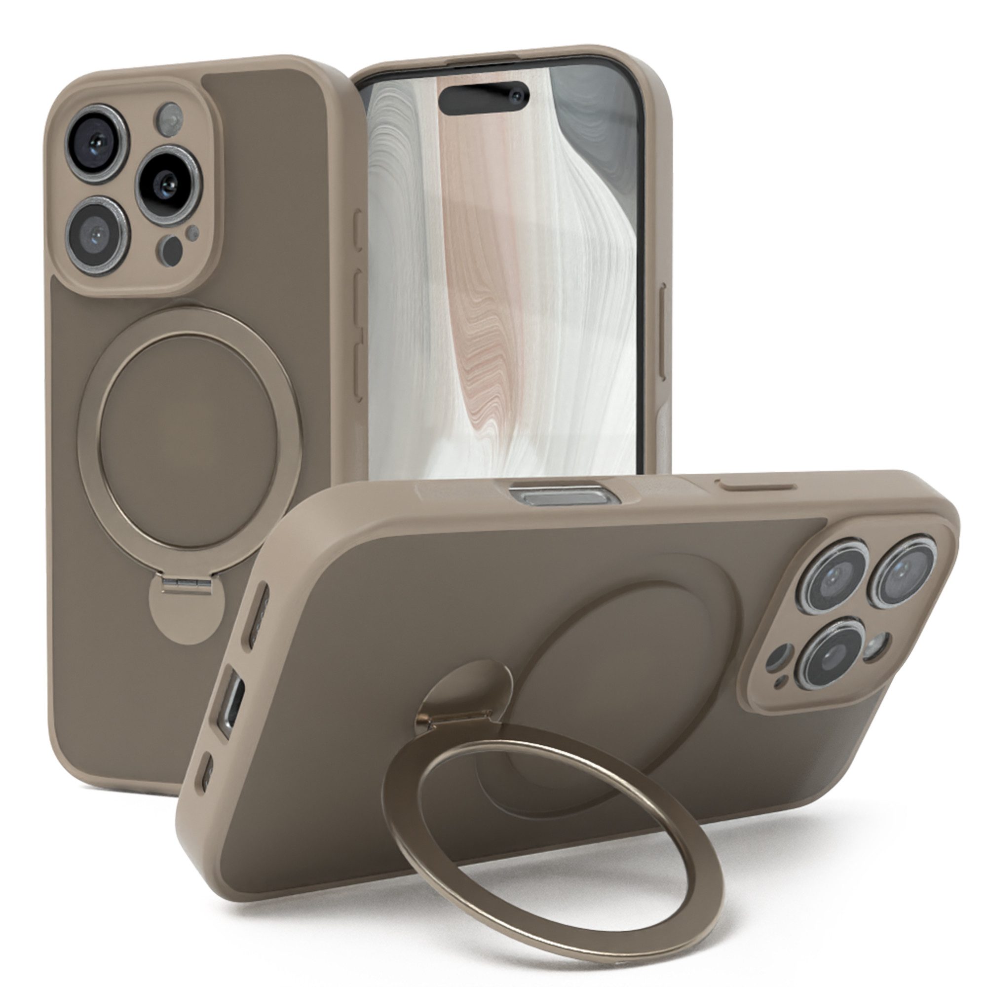 EAZY CASE Handyhülle Outdoor iPhone 16 Pro Case MagSafe Ring 6,3 Zoll, Outdoor Handy Hülle stoßfest Silikon Case Schutzhülle Bumper Goldbraun