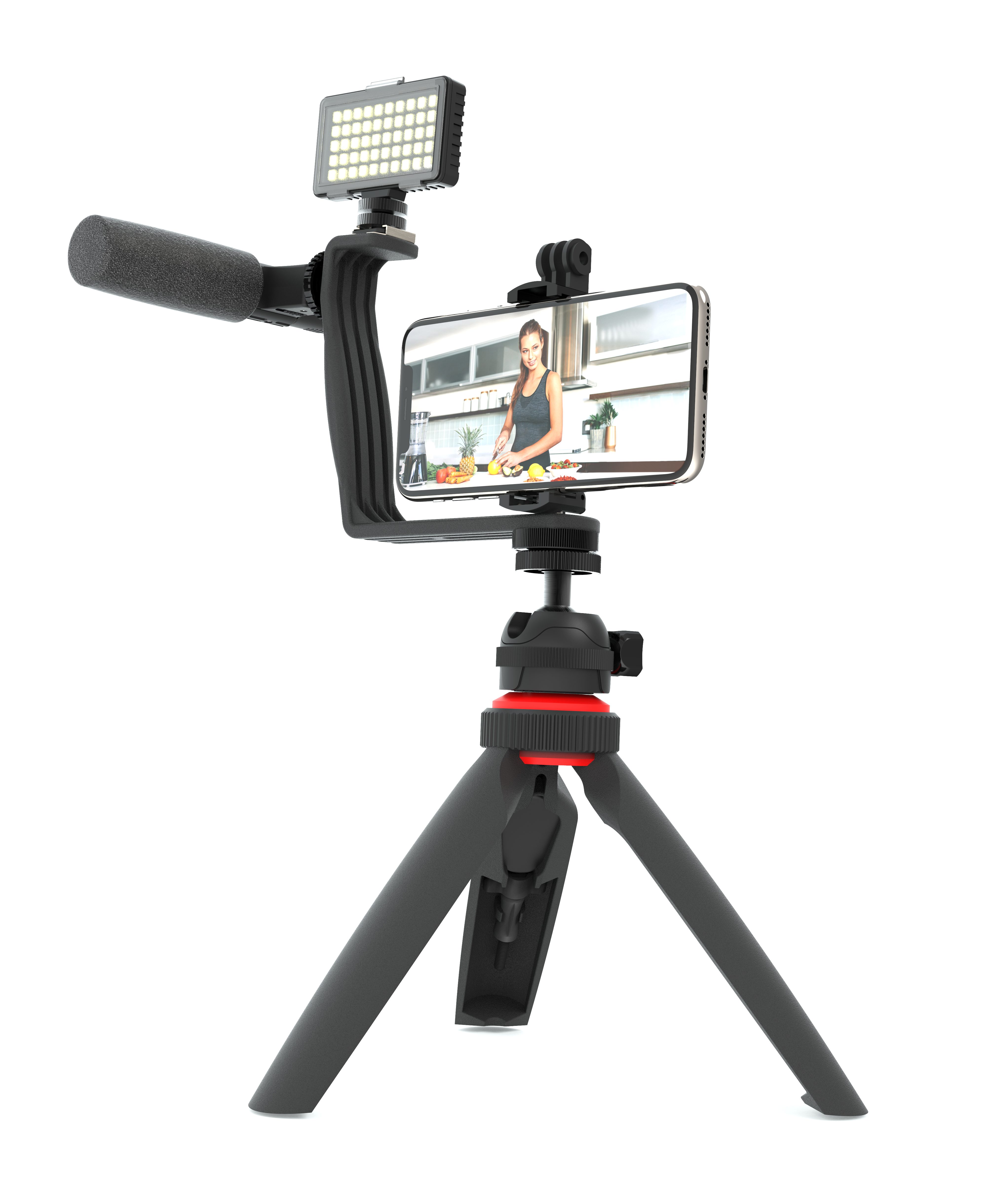 DigiPower 5-teiliges Vlogging Set mit Videolicht, Shotgun Pro Mikrofon,  Winkelhalterung mit zwei Blitzschuhadaptern, Dreibeinstativ mit Smartphone,  Action Cam und DSLR Kamera-Halterung für Live Streamings, TikTok und  YouTube Smartphone-Halterung, (5-tlg)