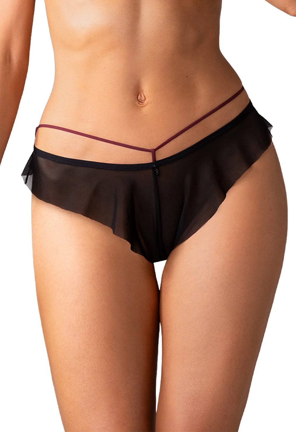 Obsessive String Parisel String mit zarten Rüschen - schwarz, burgunder (1-St) schmeichelhafter V-Schnitt, hochgeschnittener Rücken