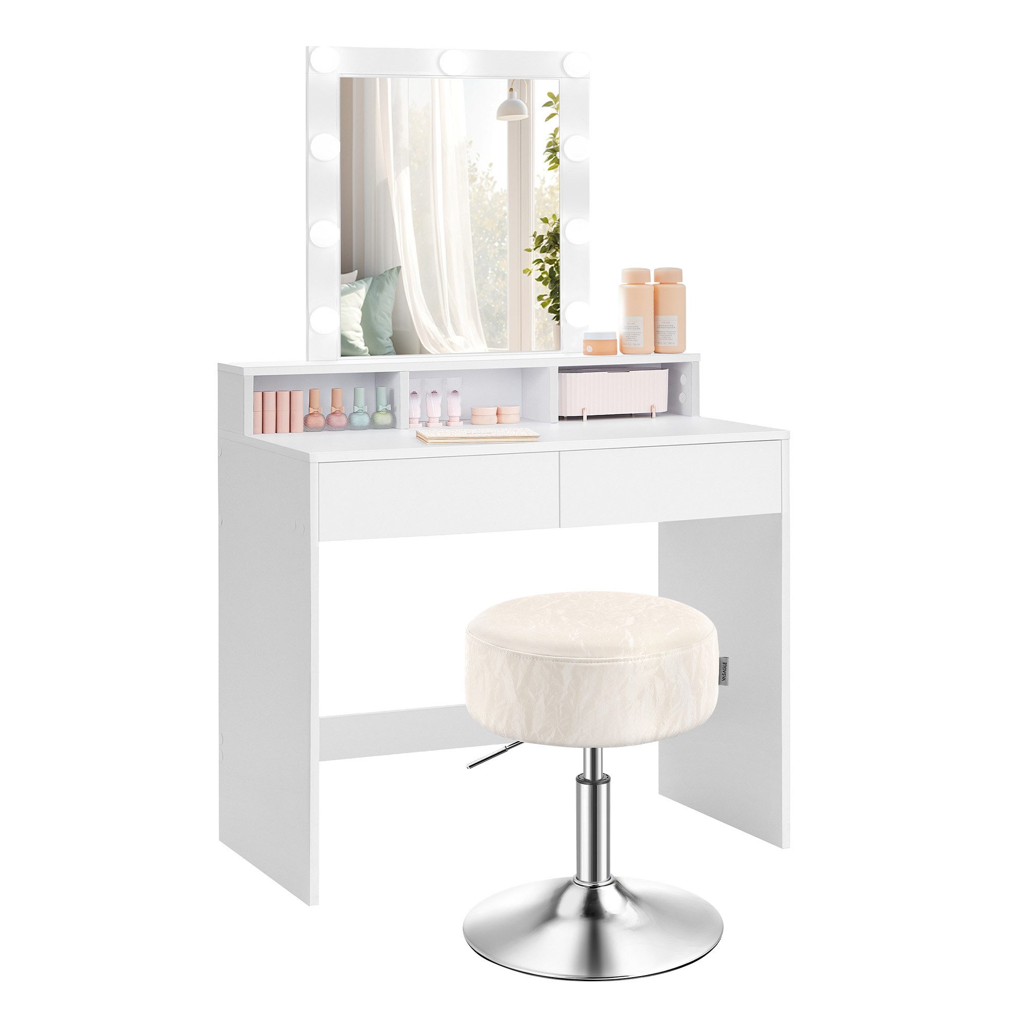 VASAGLE Schminktisch Kosmetiktisch mit LED-Beleuchtung, einstellbare Helligkeit, modern (1 Tisch mit 1 Hocker), mit 2 Schubladen und 3 offenen Fächern, Sitzhocker 360° drehbar