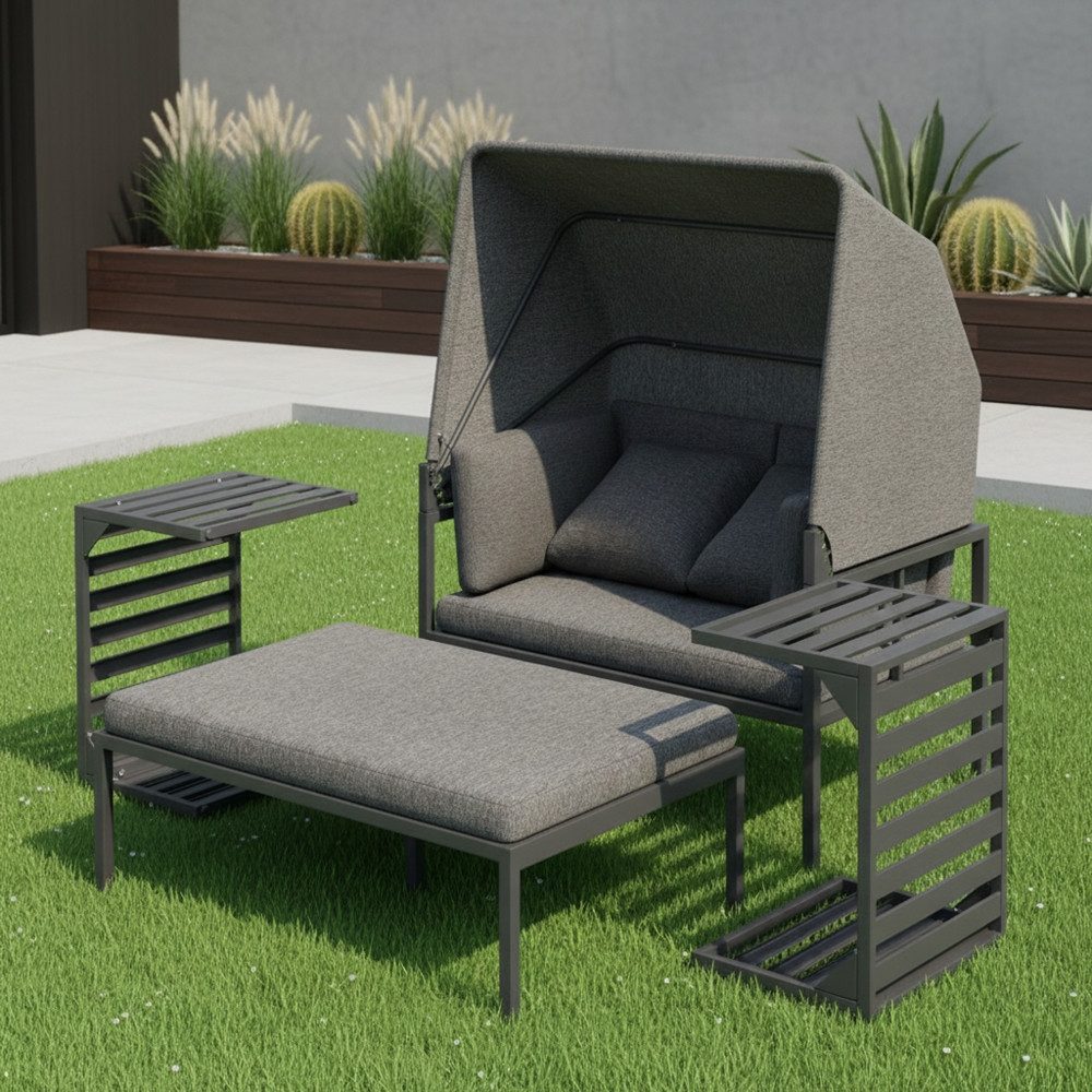 Melko Gartenlounge-Set Sonneninsel inkl. Sonnendach Strandkorb Sonnenliege Aluminium Grau, (wetterfest, resistent gegen Regen, Salzwasser und intensive Sonneneinstrahlung, inkl. 2 extra dicke und weiche Kissen inkl. Reißverschluss), 2 Beistelltischen und verstellbarem Sonnendach für angenehmen Schatten