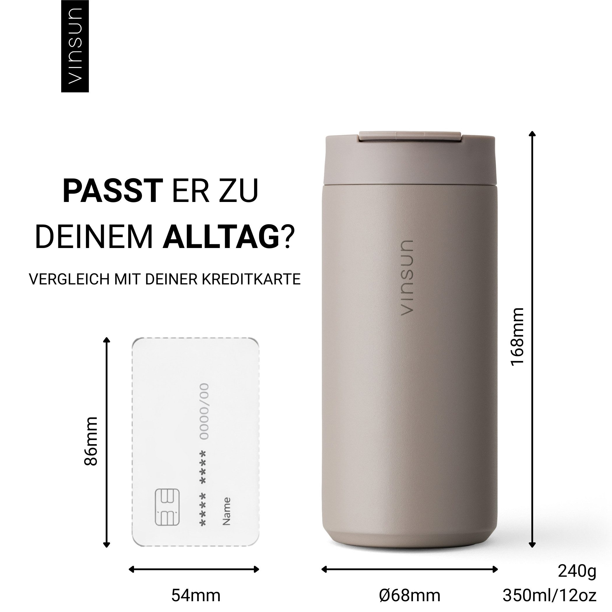 Vinsun Thermobecher Edelstahl Isolierbecher 350ml - Kaffeebecher doppelwandig isoliert, 2-tlg., Edelstahl, BPA frei, auslaufsicher, bruchfest, Kalt- und Heißget – Bild 3 von 5