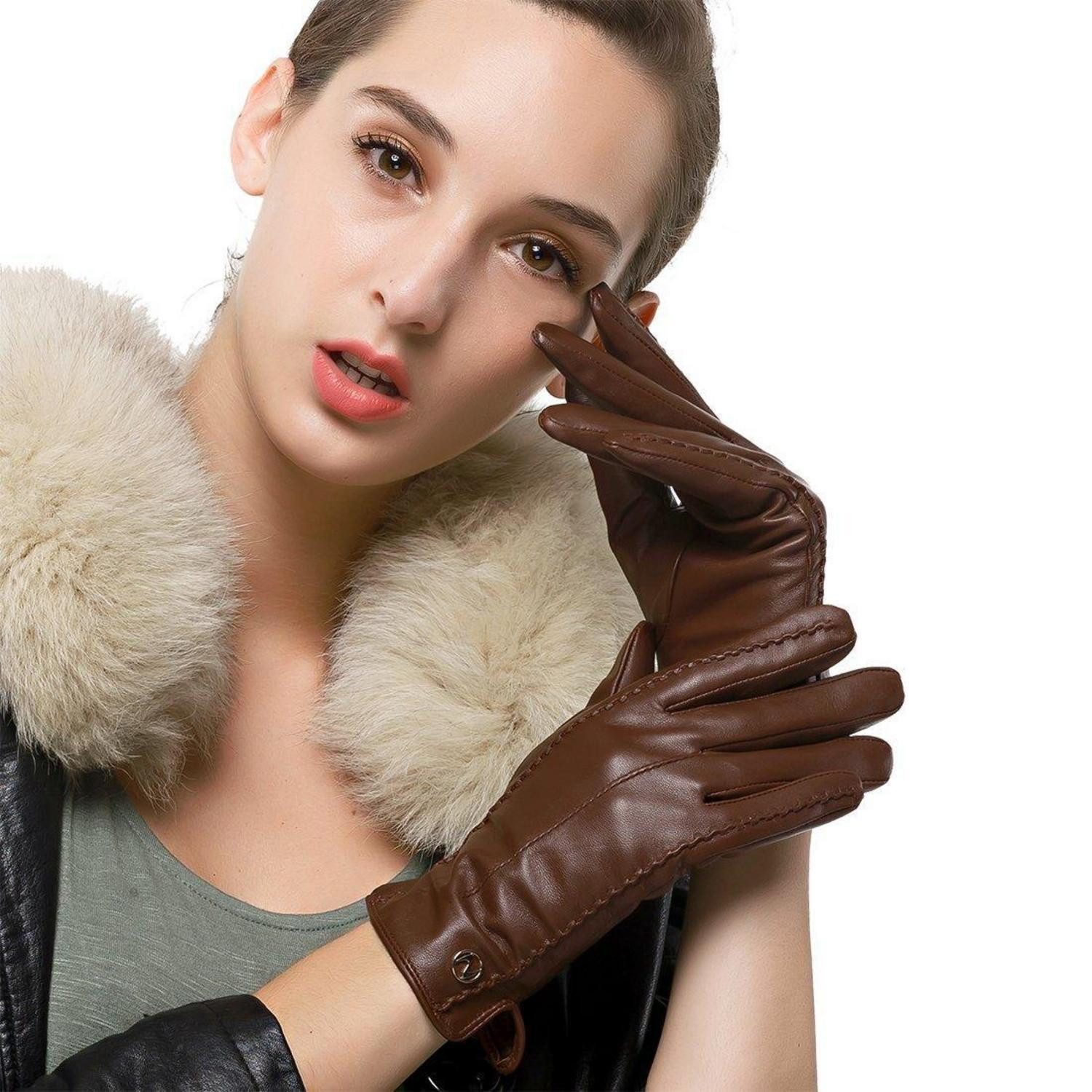 LuxusKollektion Lederhandschuhe Handschuhe Damen Leder Nappa Braun L (1-St)