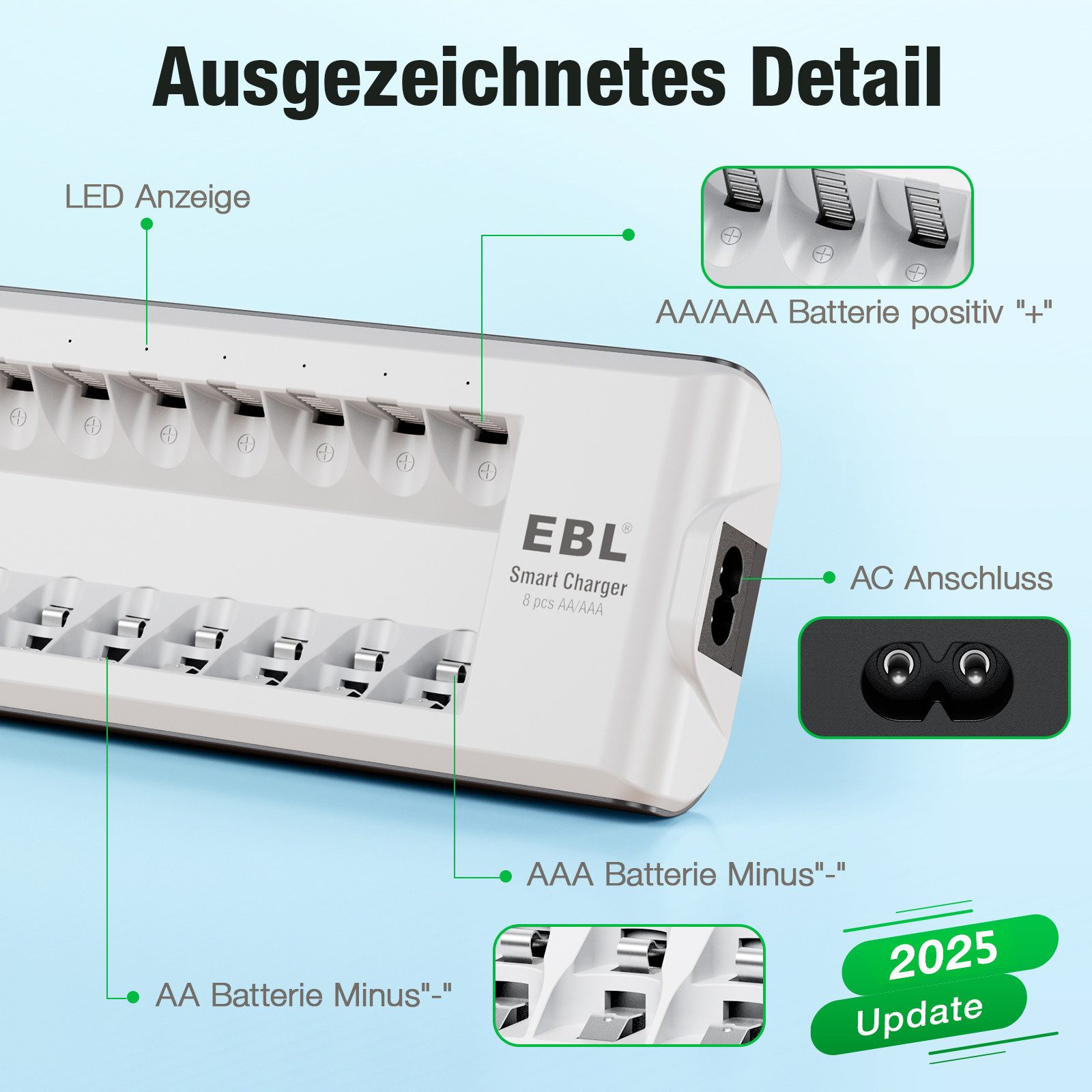 EBL Akku Ladegerät mit 8 AA 2300mAh Akku, Akku-Ladestation (1-tlg., für AA, AAA, NI-MH, NI-Cd wiederaufladbare Batterien)