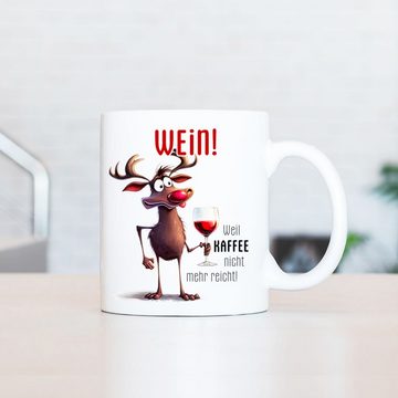 Cadouri Tasse WEIN! Bürotasse, Kaffeetasse mit Spruch - Geschenk, Keramik, humorvolle Tasse, beidseitig bedruckt, handgefertigt, 330 ml