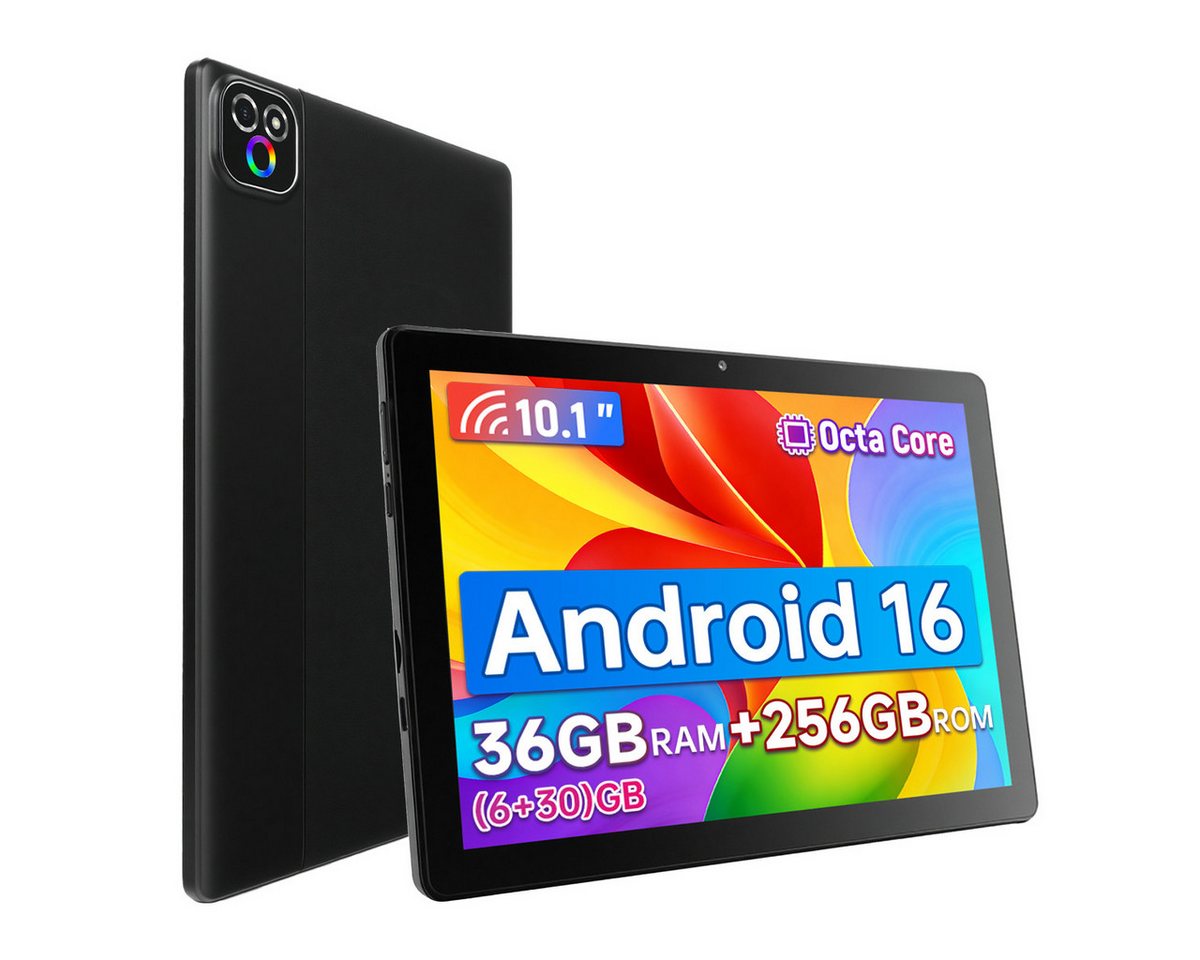 Happybe 10,1'' Octa-Core, 6000 mAh, HD 1280x800, 34GB/36GB RAM, 128GB/256GB Tablet (10.1", 256 GB, Android, Android 16, Gemini KI-Assistent, Widevine L1)