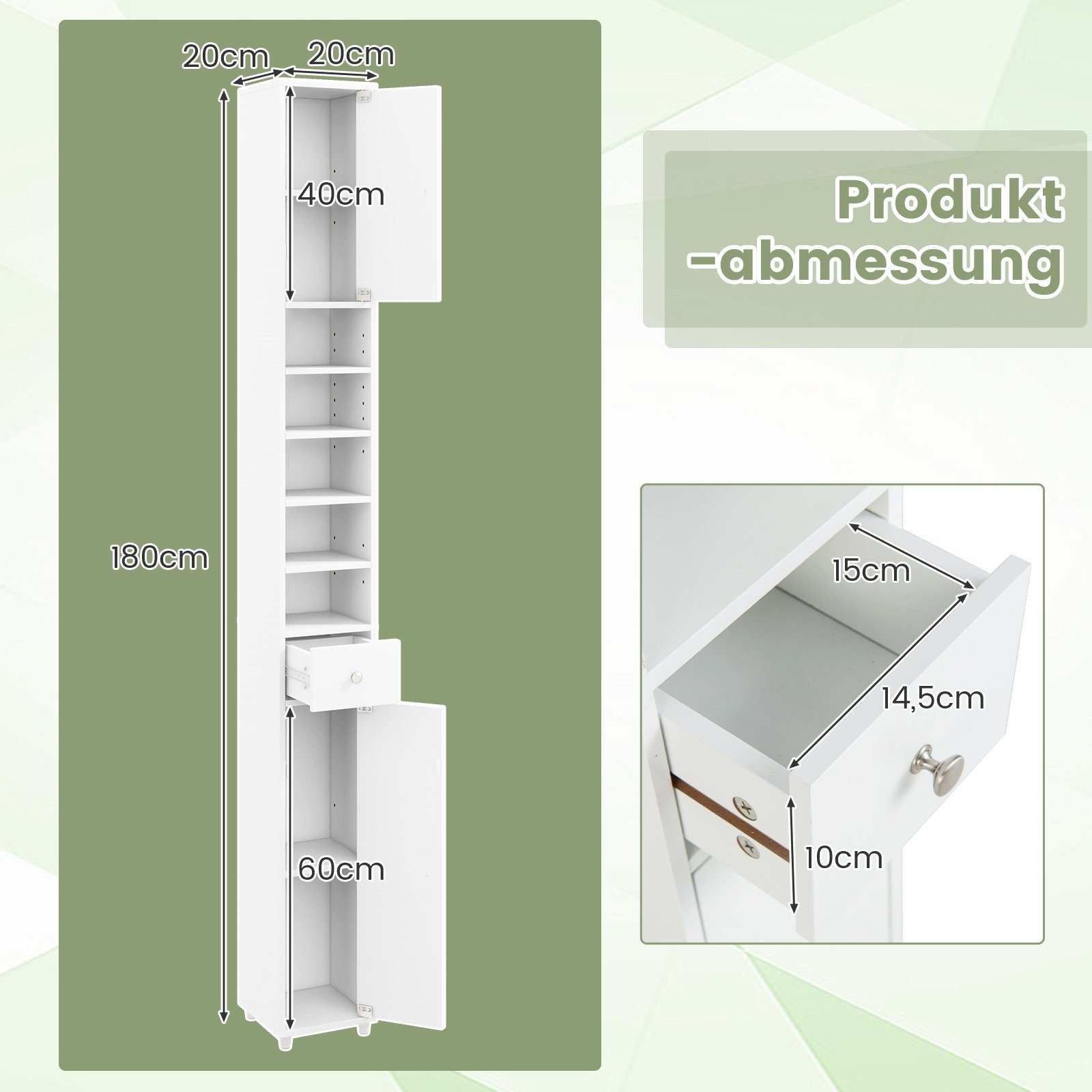 COSTWAY Hochschrank Badschrank schmal, mit Schublade, Türen & 9 Fächern, 180cm weiß – Bild 5 von 5