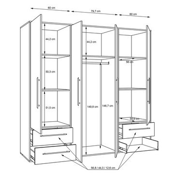 FORTE Drehtürenschrank MOKKARIS, Weiß matt, 4 Türen, 4 Schubladen, 5 Einlegeböden, 2 Kleiderstangen, B 206 x H 200 x T 59 cm