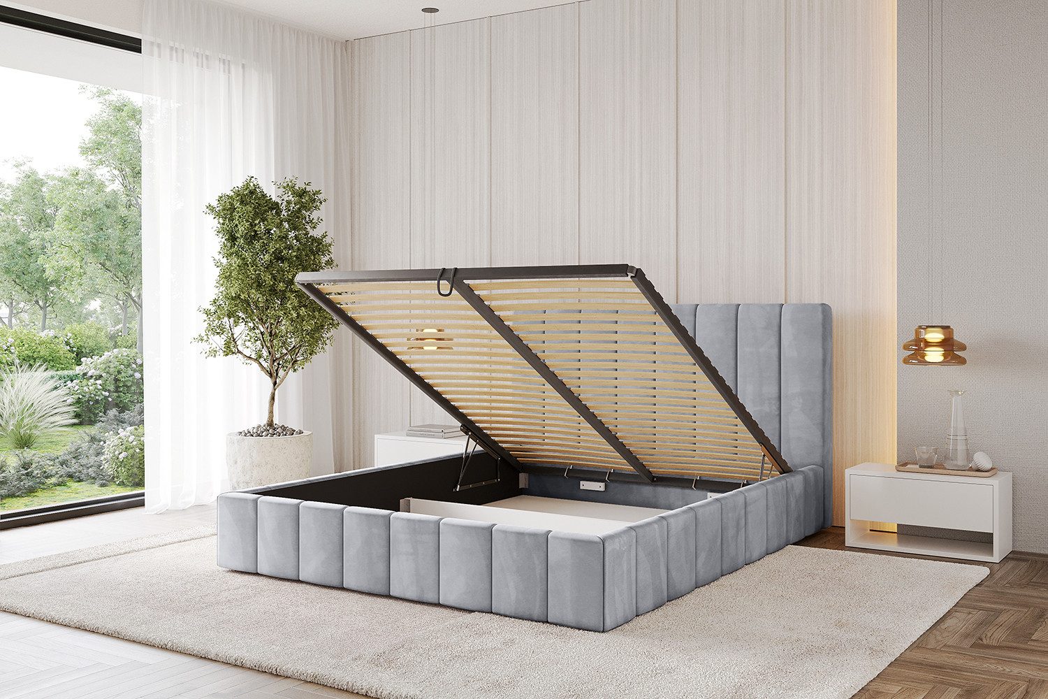ALTDECOR Polsterbett FINO (Polsterbett mit Bettkasten und Lattenrost, Boxbett mit Matratze), Doppelbett mit Stauraum, Bett mit Kopfteil